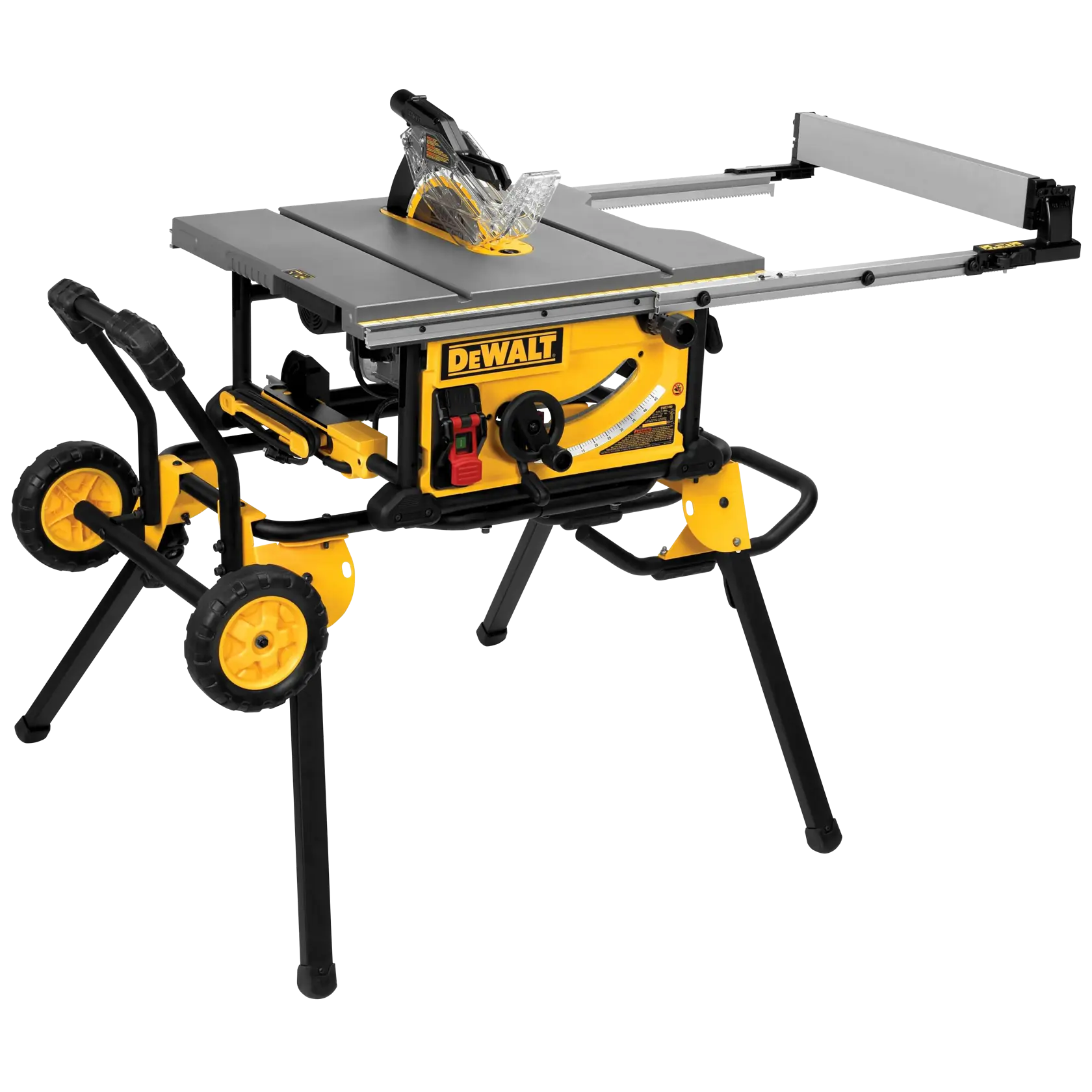A DEWALT table saw with a rolling stand, featuring a flat metal surface, adjustable fence, and large wheels for portability.