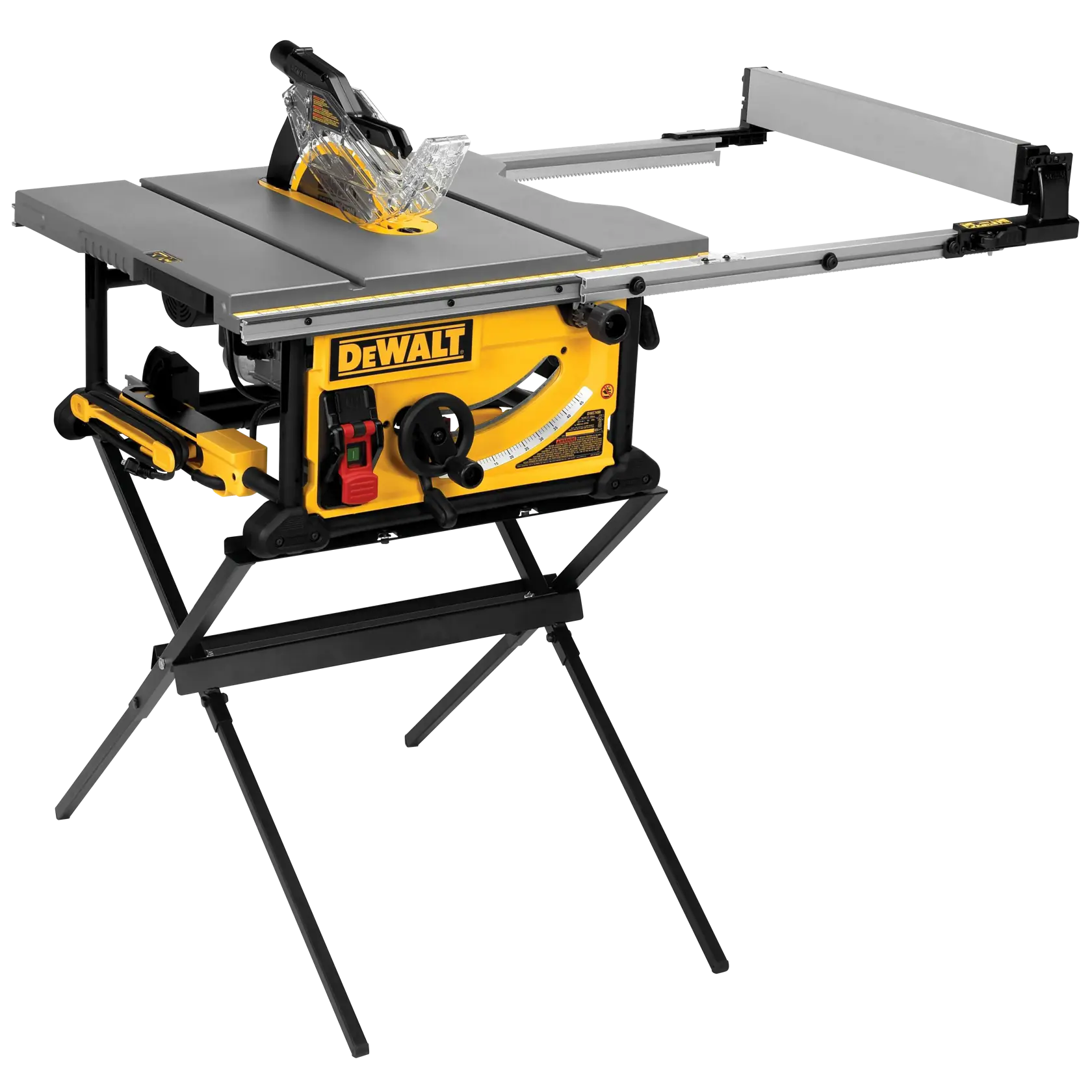 A DEWALT table saw with a stand, featuring a yellow and black design, adjustable fence, and safety guard. The saw is set up and ready for use.