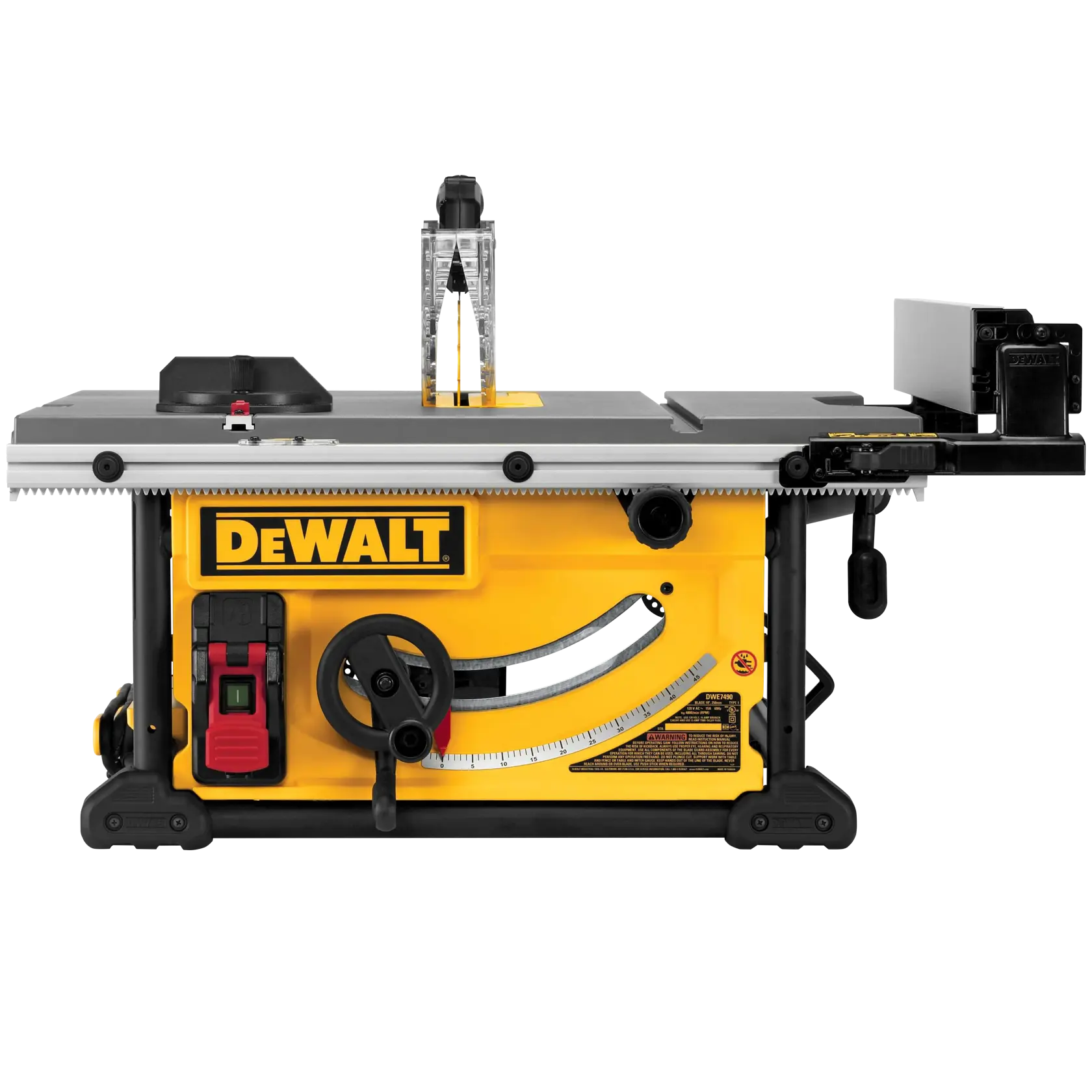 A DeWalt branded yellow and black table saw with adjustable fence, blade guard, and control panel, designed for woodworking and construction tasks.