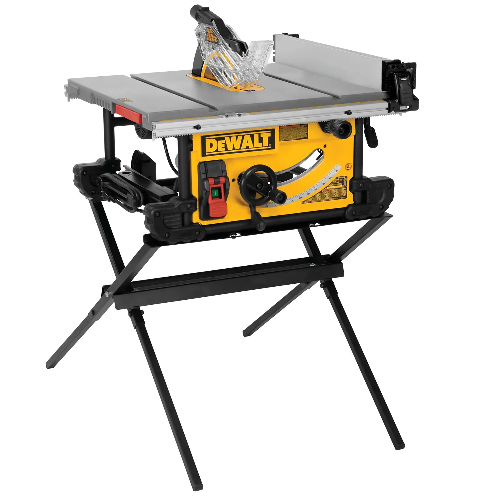 A DEWALT portable table saw with a yellow and black body, mounted on a foldable stand. The saw features adjustment knobs, a safety guard over the blade, and a flat cutting surface.