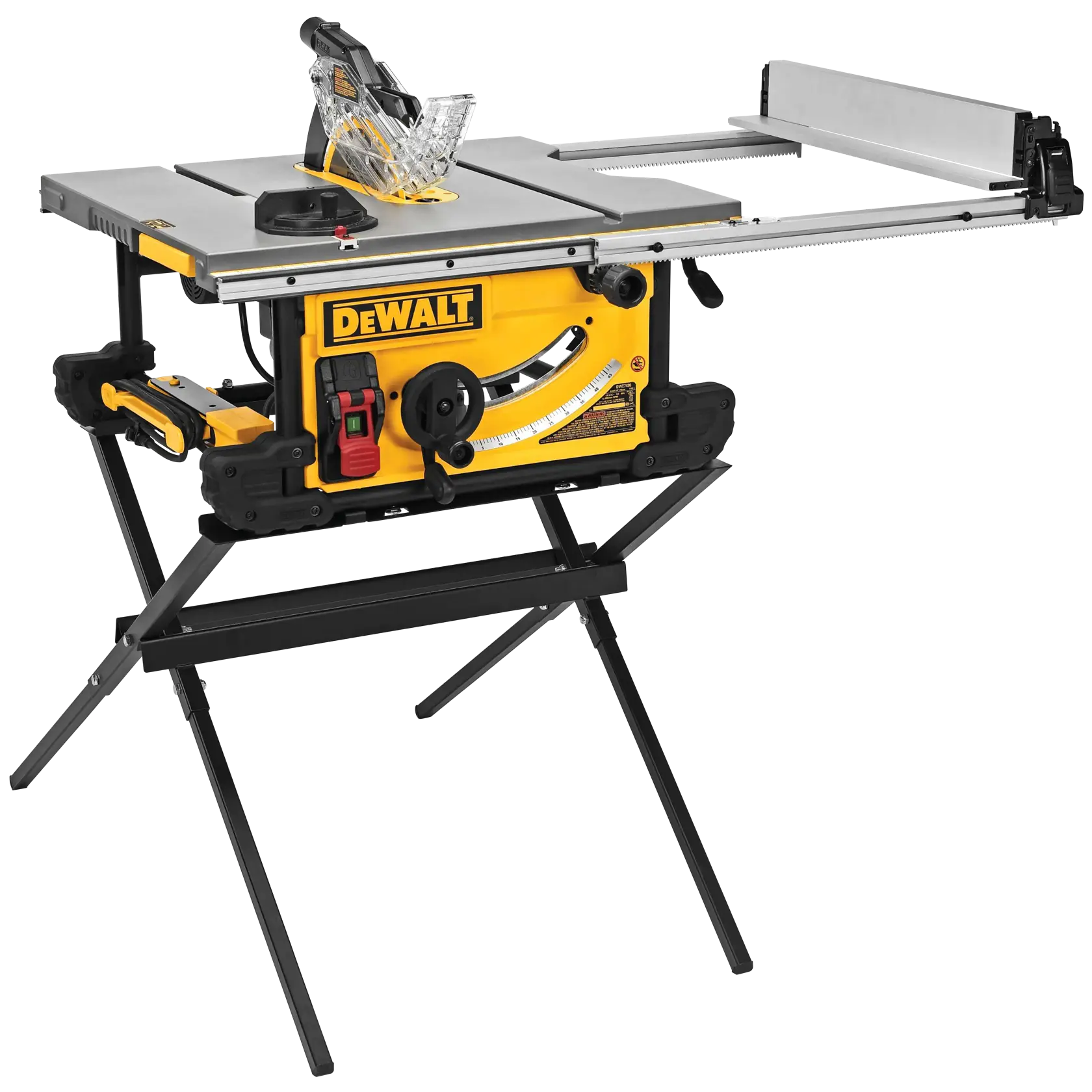 A DEWALT table saw on a foldable metal stand. The saw features a yellow and black design, a silver tabletop, and a mounted safety guard over the blade. The rip fence is extended out to the side and various adjustment knobs are visible on the front.