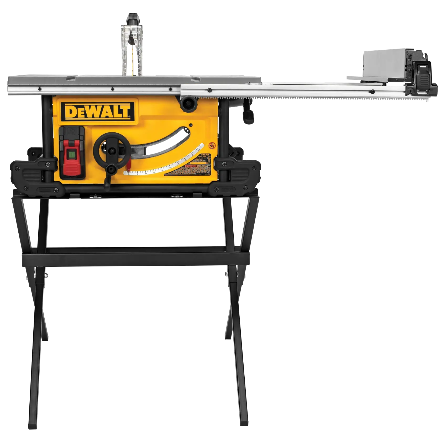 A DEWALT DWE7491X table saw with a yellow body, black stand, and metal cutting surface, equipped with adjustment knobs and measurement guides.