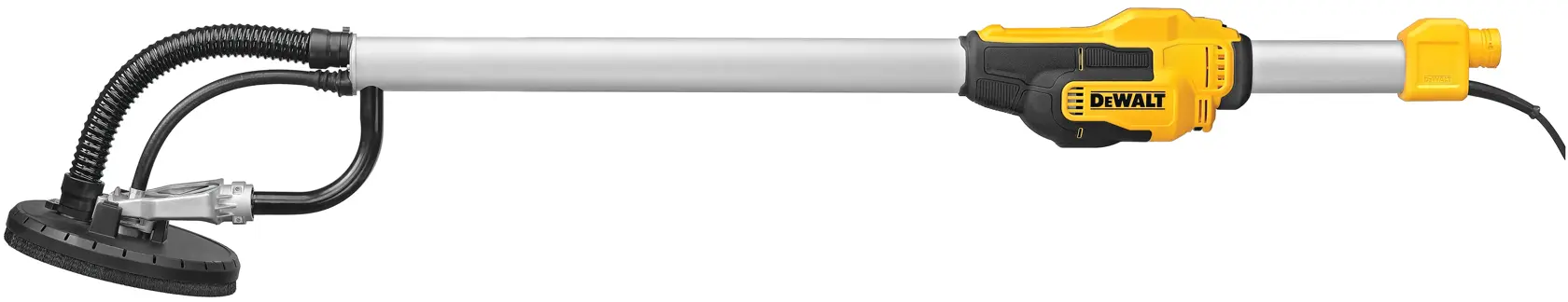 A DEWALT electric drywall sander with a yellow and black handle and long silver shaft. The device features a circular sanding head and a flexible hose attached for dust extraction.