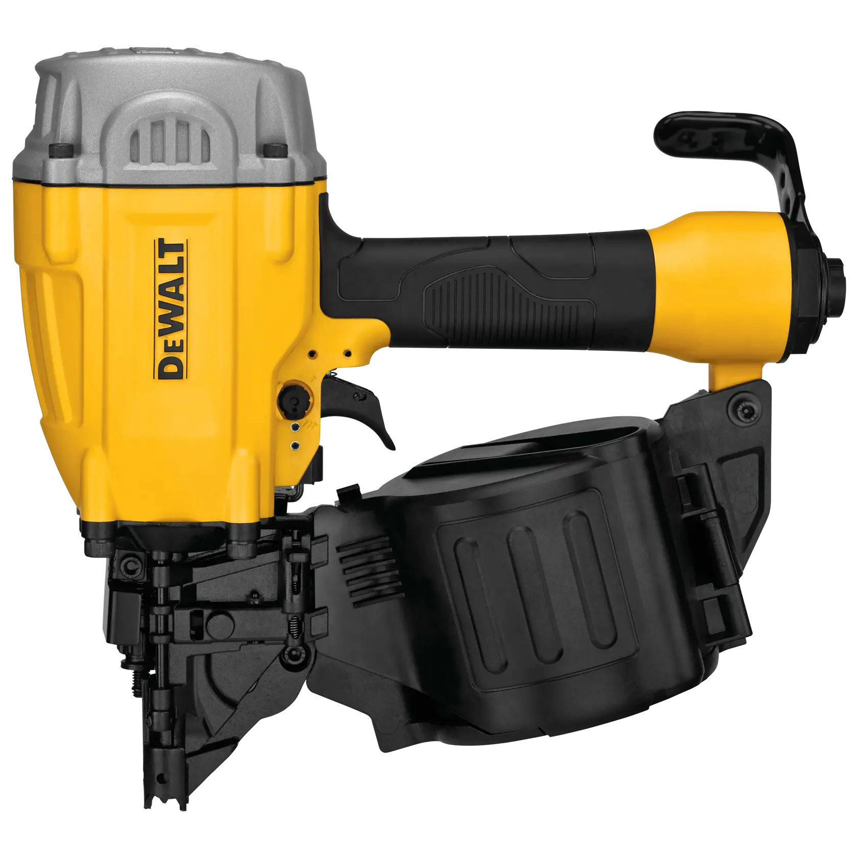 A DEWALT branded nail gun with a yellow and black body and a large cylindrical magazine for nails. The tool is designed for heavy-duty construction and carpentry work.