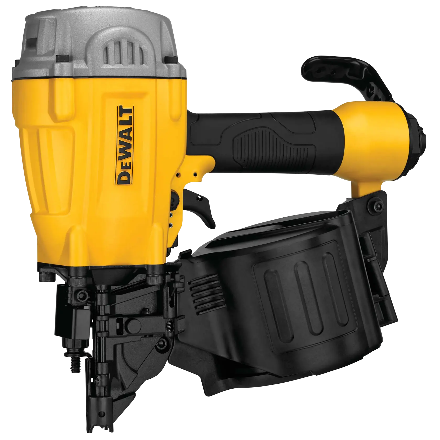 A DEWALT yellow and black coil nailer tool with a silver top and ergonomic handle. The tool is designed for construction and carpentry tasks.