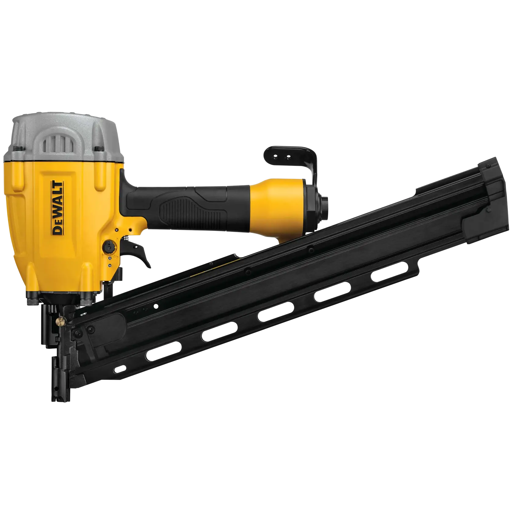 A DEWALT pneumatic nail gun with a yellow and black body and an angled magazine, used for heavy-duty construction work.