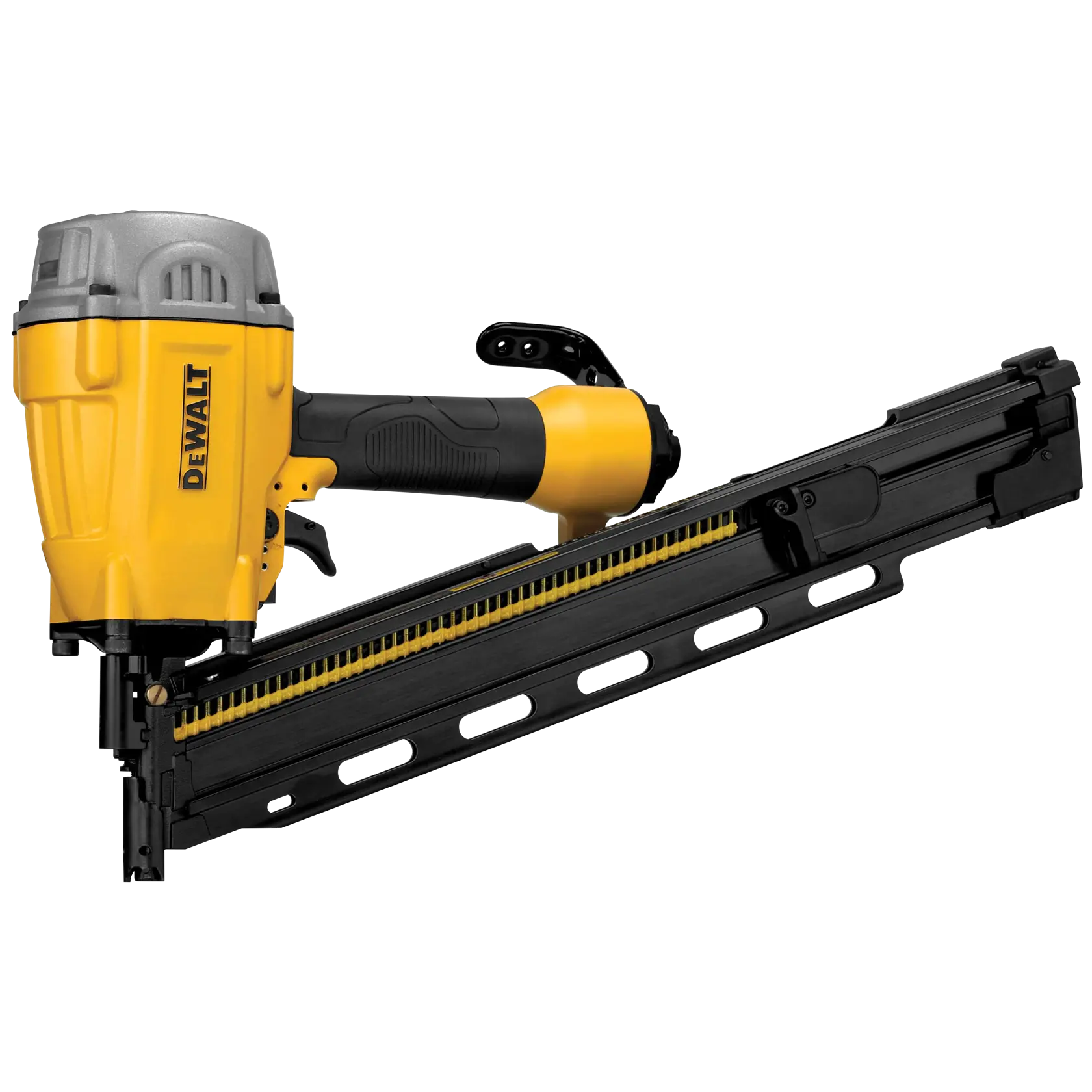 A DEWALT DWF83PL pneumatic framing nailer with a yellow and black body, featuring a long magazine for holding nails.
