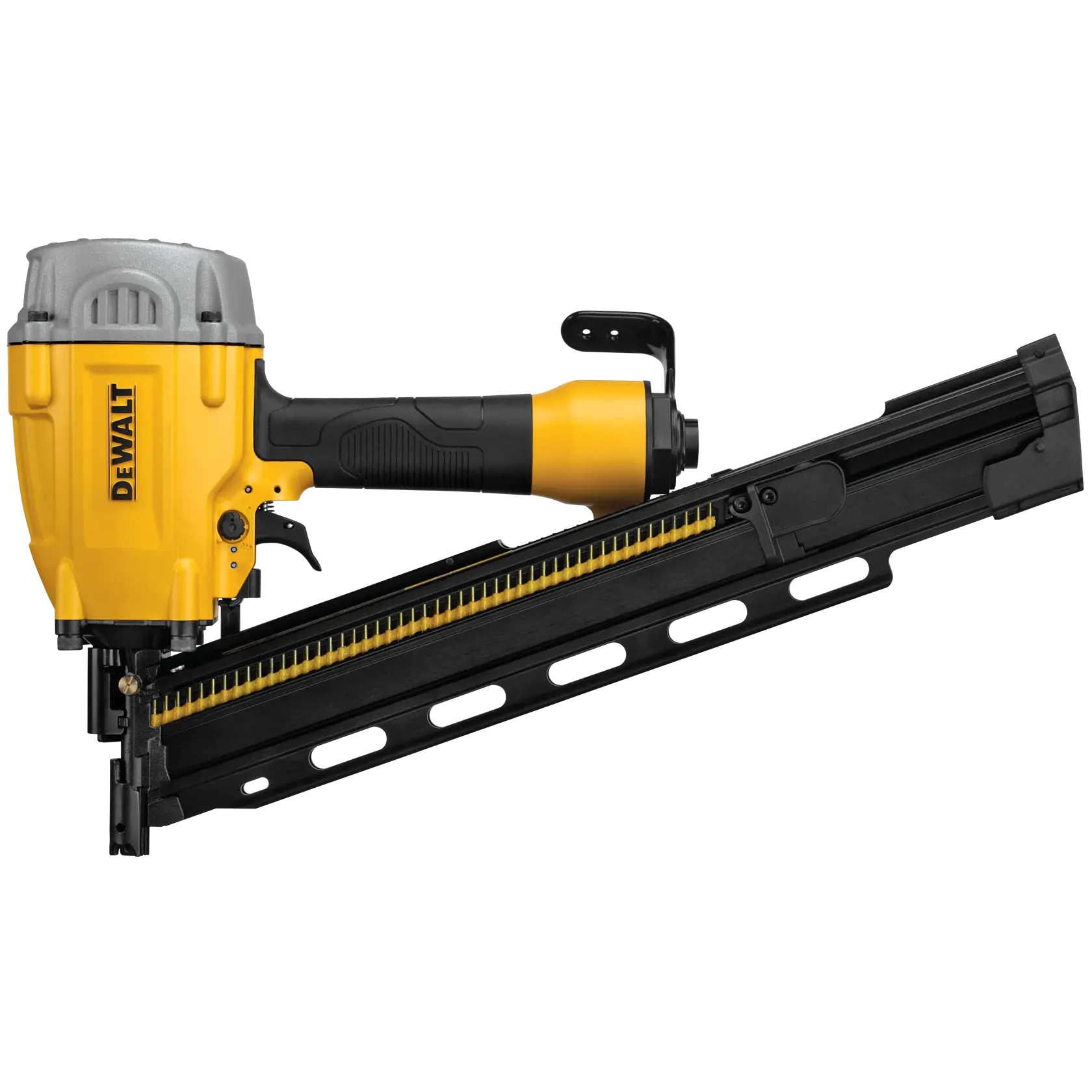 A DEWALT DWF83PL pneumatic framing nailer with a yellow and black body and angled magazine, shown against a white background.