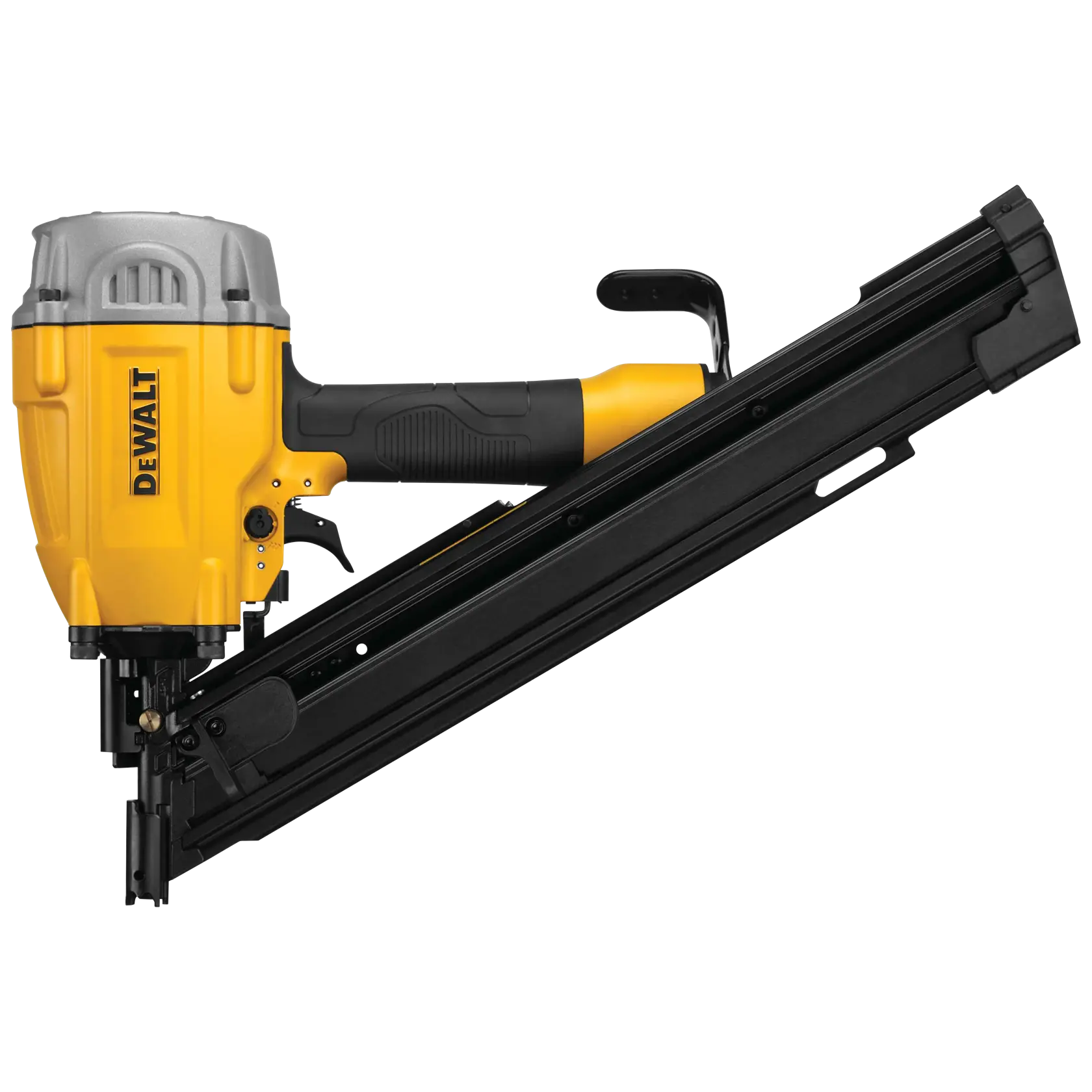 A yellow and black DEWALT framing nailer with a long angled magazine, shown against a white background.