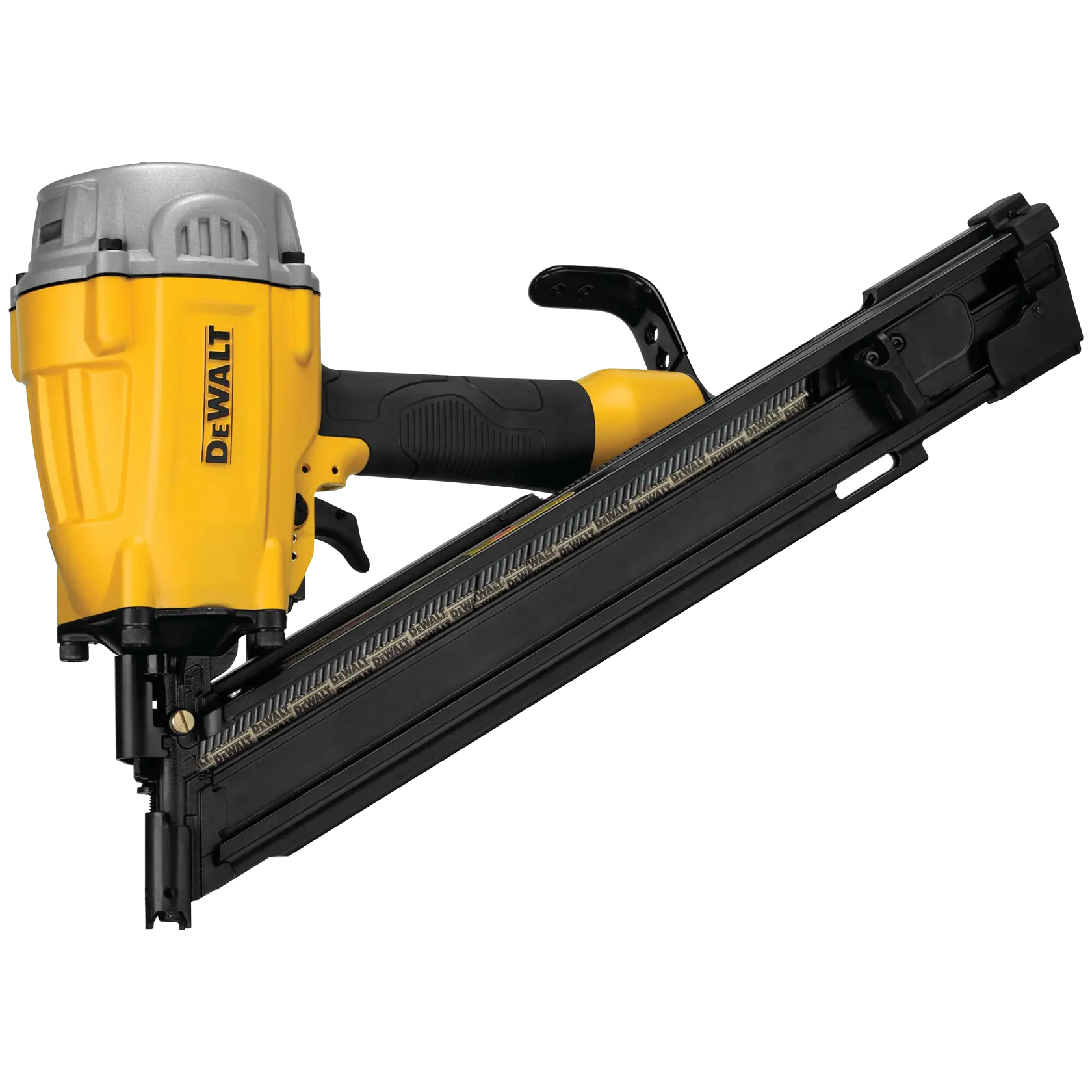 A DEWALT DWF83PT nail gun in yellow and black, designed for framing tasks, shown in a close-up view with nails loaded in the magazine.