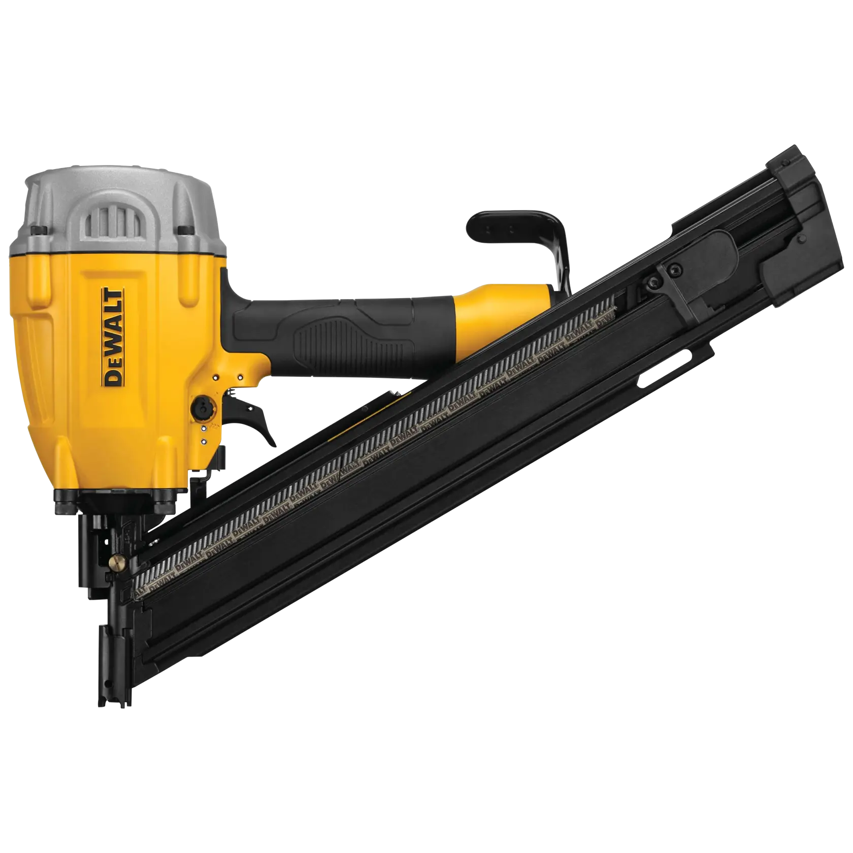 A DEWALT pneumatic framing nailer with a yellow and black body, angled magazine, and ergonomic grip, designed for heavy-duty construction tasks.