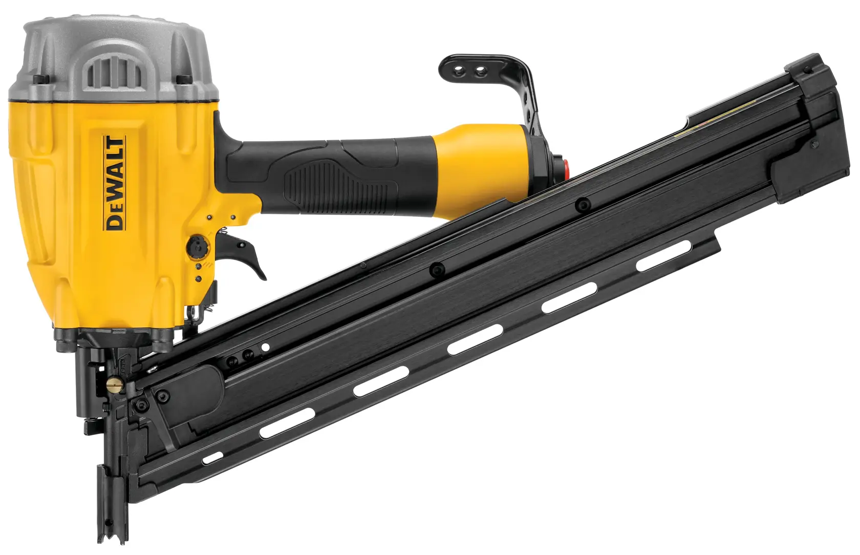 A DEWALT-branded pneumatic framing nailer with a yellow and black body, angled magazine, and ergonomic handle.