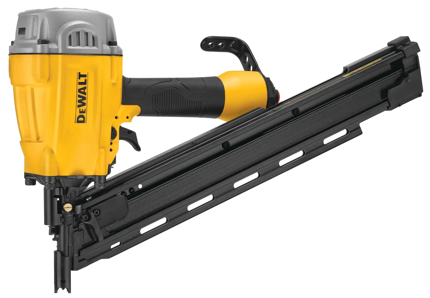 A DEWALT branded pneumatic framing nailer with a yellow and black design, featuring a long magazine for nails, shown against a white background.