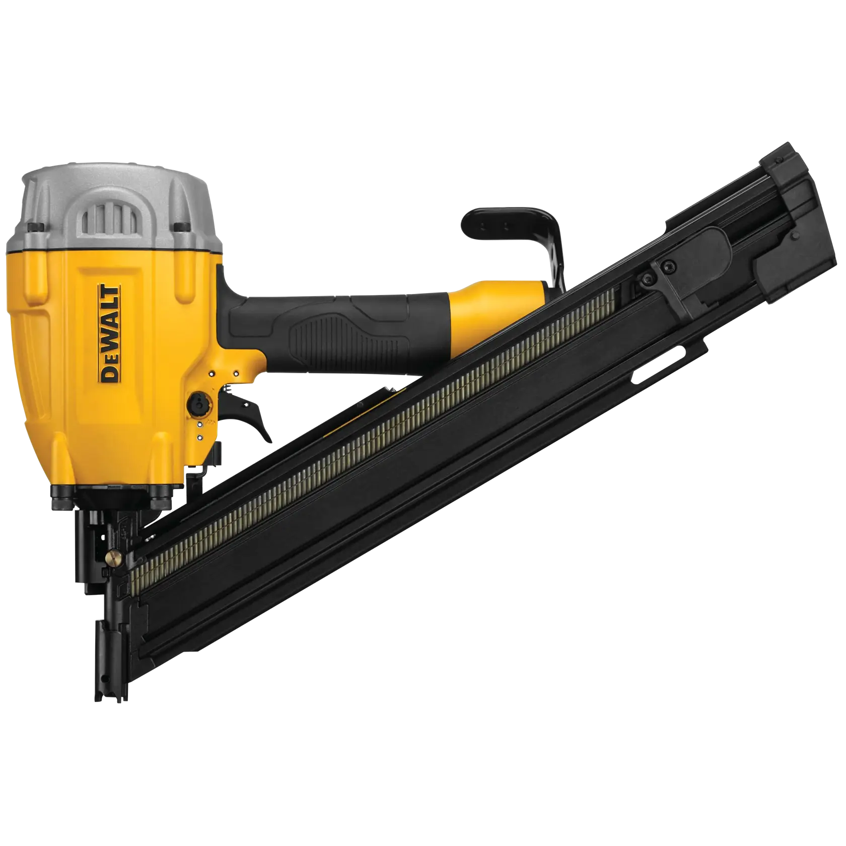 A DEWALT angled framing nailer with a yellow and black body and a metallic top, designed for construction and woodworking tasks.
