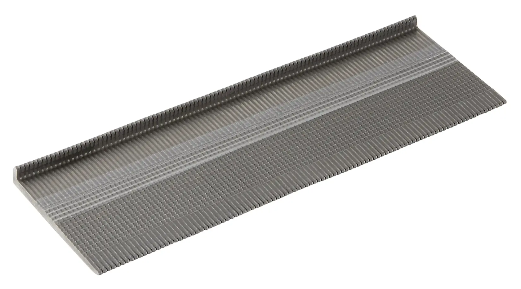 A stack of metallic finish nails arranged in a strip, viewed from an angle against a white background.