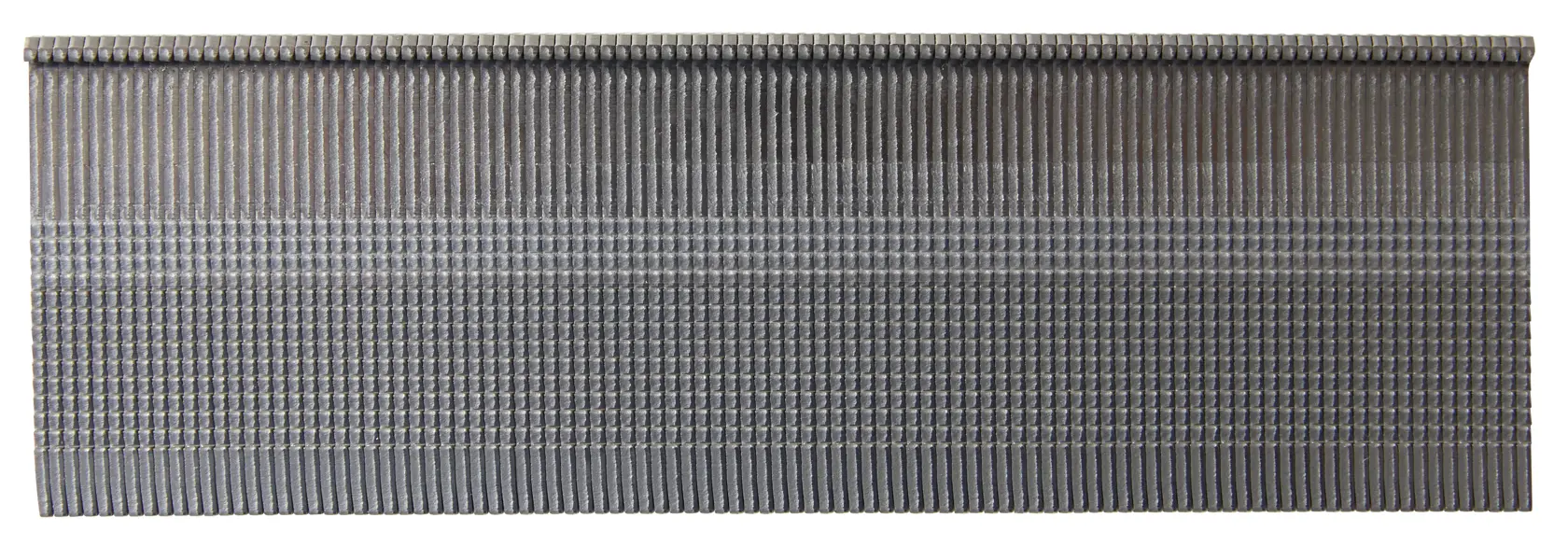 A close-up image of a strip of metal finishing nails, neatly aligned in a row for use with a nail gun.