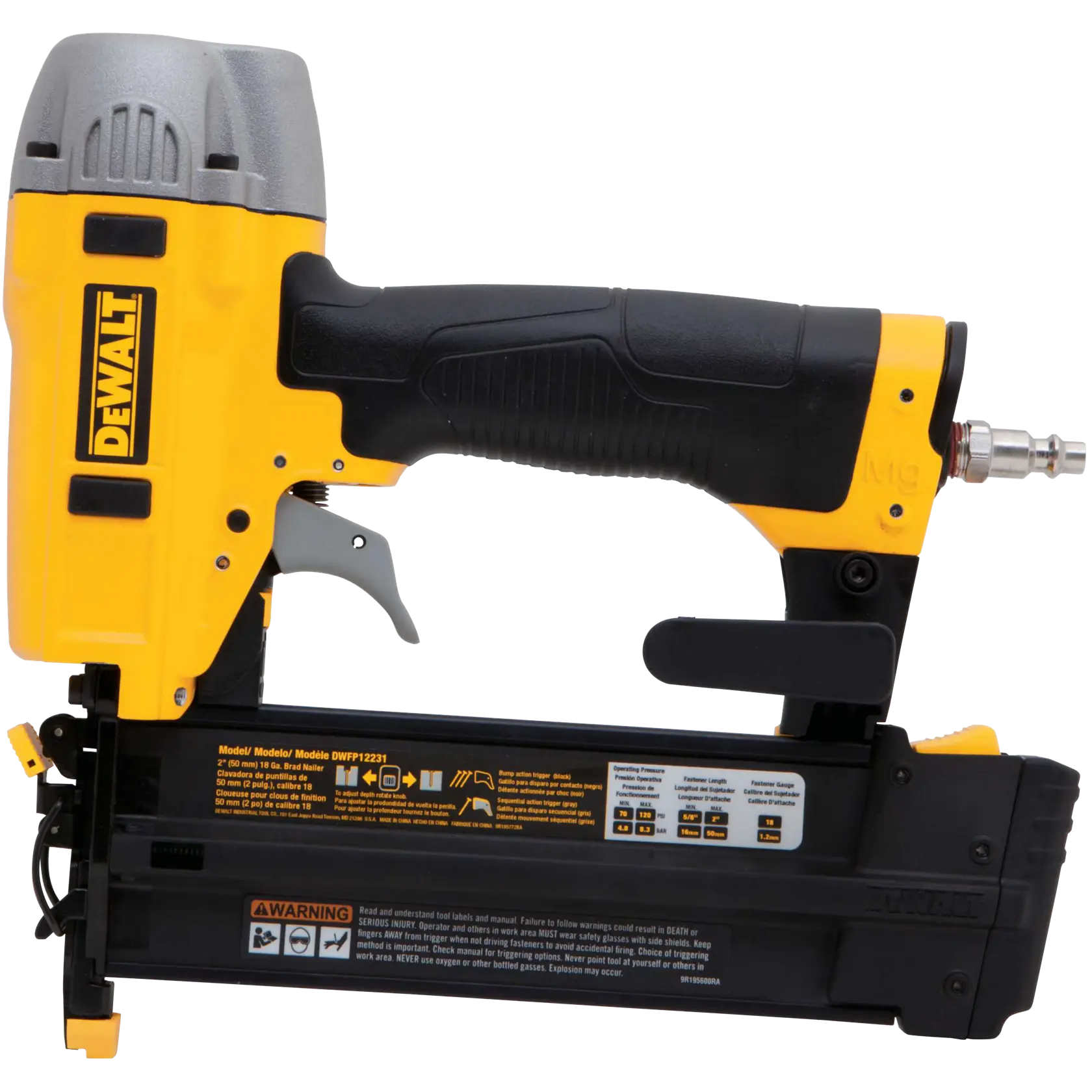 A DEWALT pneumatic brad nailer with yellow and black design, model DWFP12231, used for precise nail placement in woodworking and construction tasks.