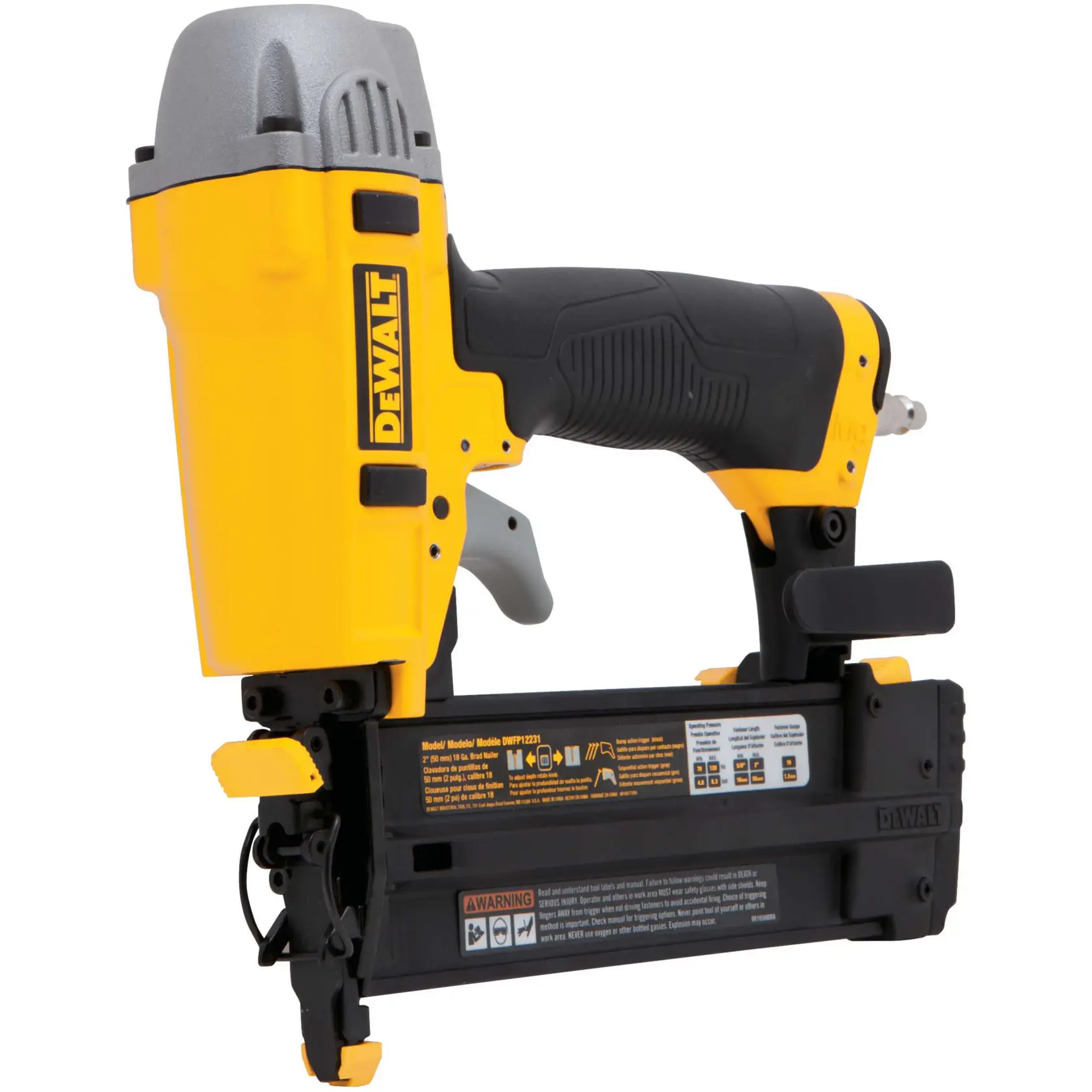 A close-up image of a DEWALT DWFP12231 pneumatic nailer tool. The tool is yellow and black with a gray top, featuring a DEWALT logo on the side. It has a comfortable handle and a trigger mechanism, used for driving nails in woodworking or construction projects.