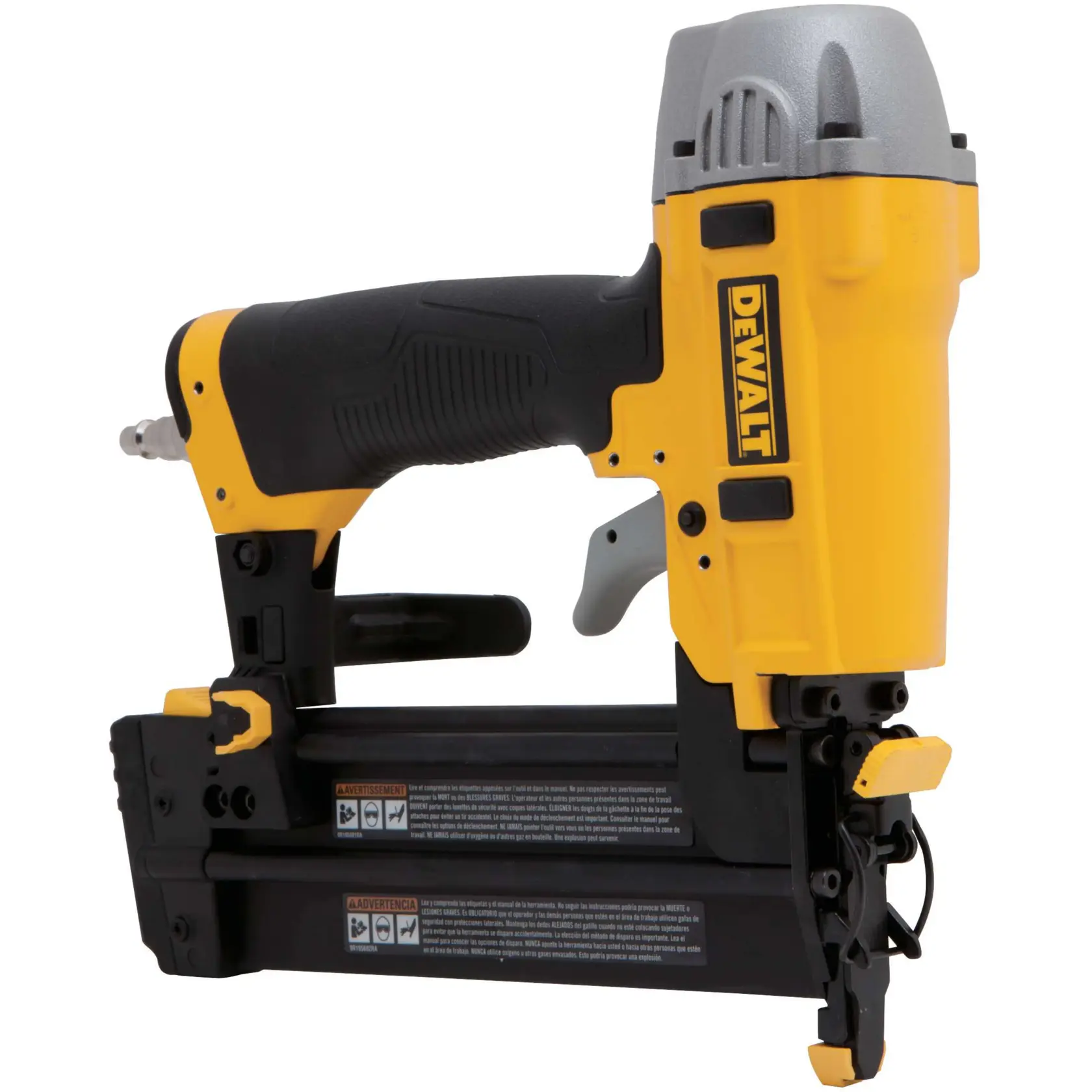 A DEWALT DWFP12231 pneumatic nailer, featuring a yellow and black ergonomic handle, used for fastening nails in construction and carpentry work.