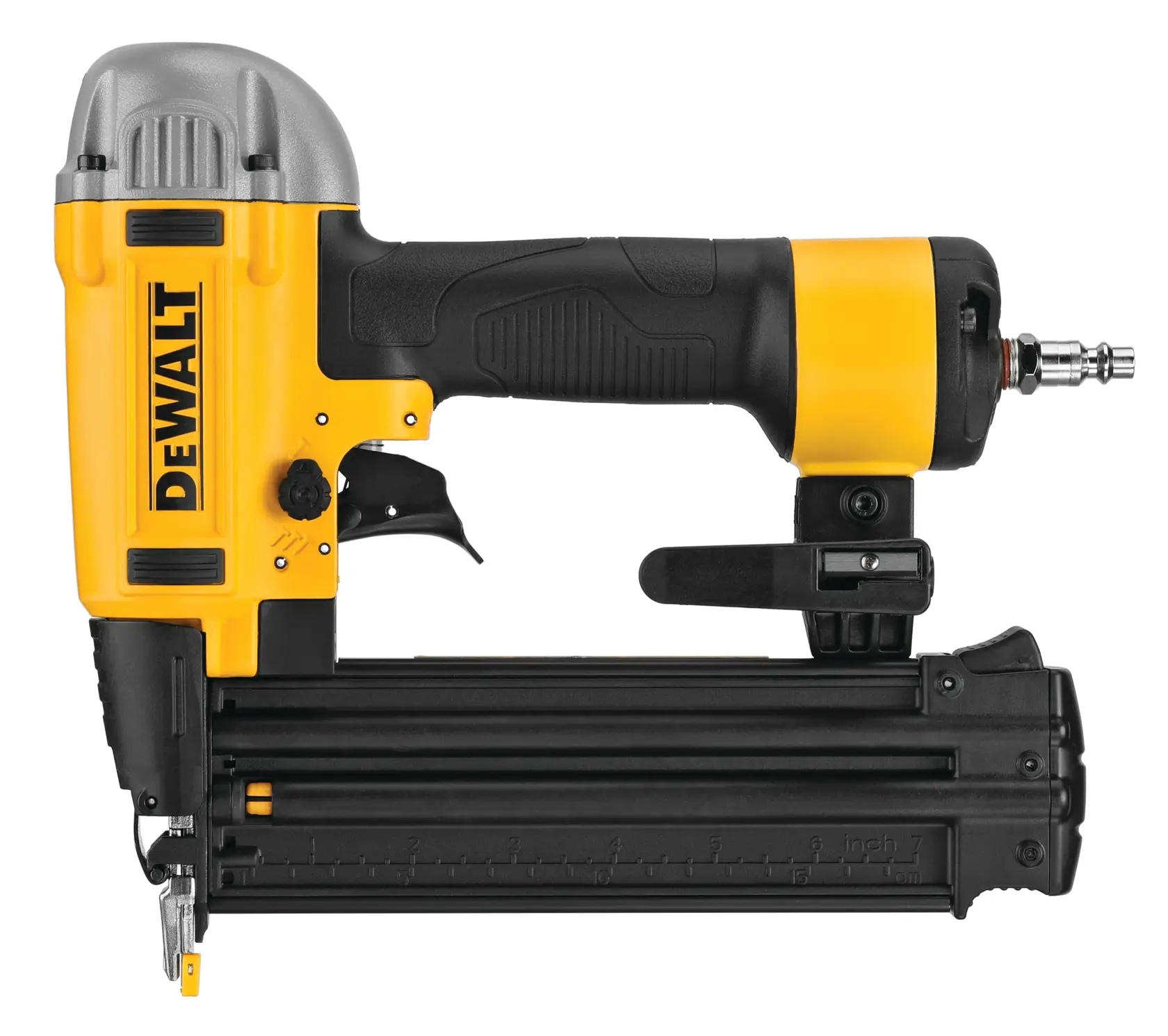 A close-up view of a DEWALT DWFP12233 pneumatic nail gun, featuring a yellow and black design with a grip handle and metal barrel.
