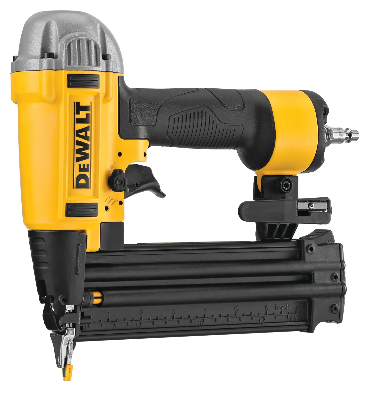 A DEWALT DWFP12233 pneumatic brad nailer tool in yellow and black, with a textured grip and measurement marks on the magazine, used for fastening materials in construction and woodworking.