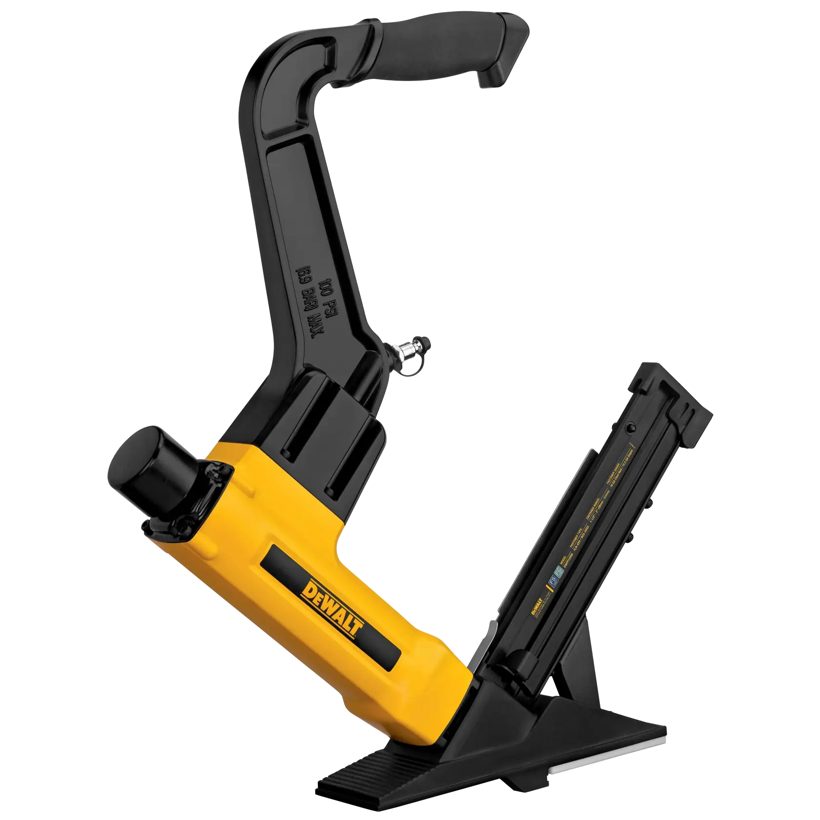A DEWALT pneumatic flooring nailer with a yellow and black design, featuring a long handle with a padded grip and an angled base for installing hardwood flooring.
