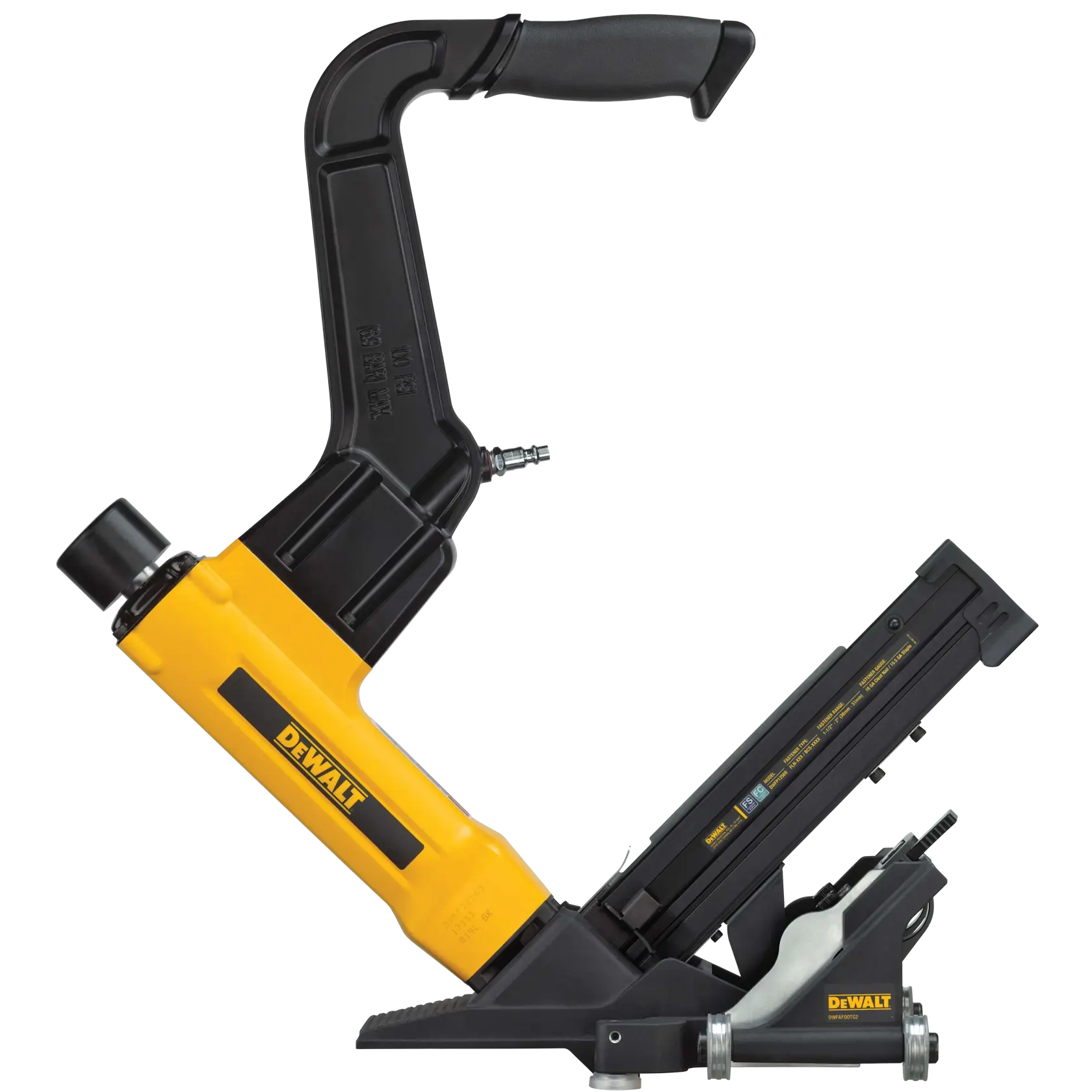 A DEWALT DWFP12569 pneumatic flooring nailer, shown in a side view with a yellow and black body and an ergonomic handle.