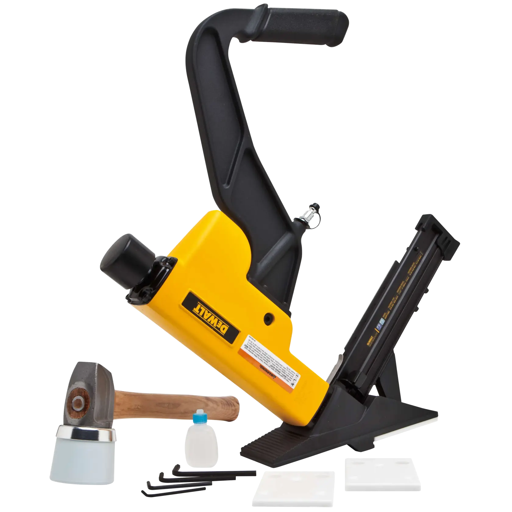 A DEWALT flooring nailer kit including a yellow and black flooring nailer with handle, a mallet with a white cap and wooden handle, a small bottle, three hex keys, and two white spacers. The tools are arranged on a white background.
