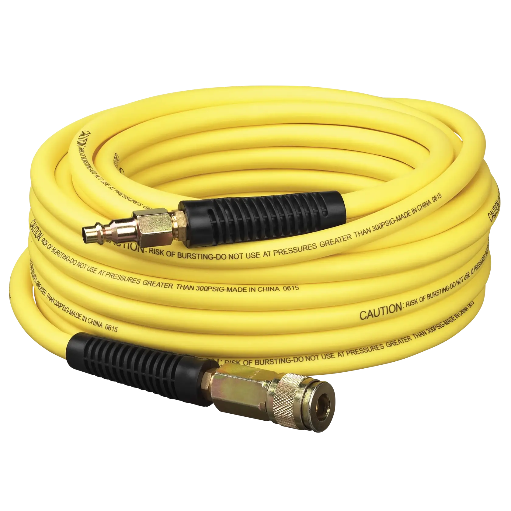 A coiled yellow air hose with black grips and metal connectors, used for pneumatic tools.