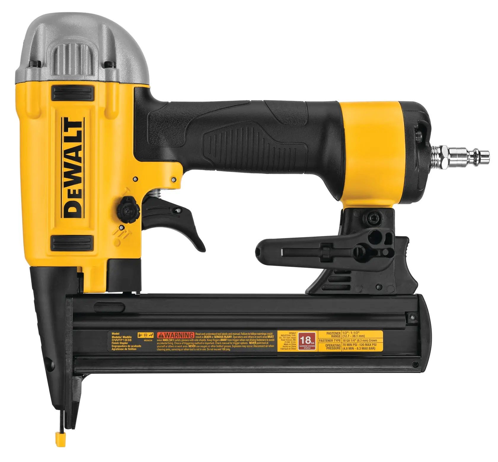 A DEWALT DWFP1838 yellow and black pneumatic brad nailer for photography, shown in a side view with visible trigger and air hose connector.