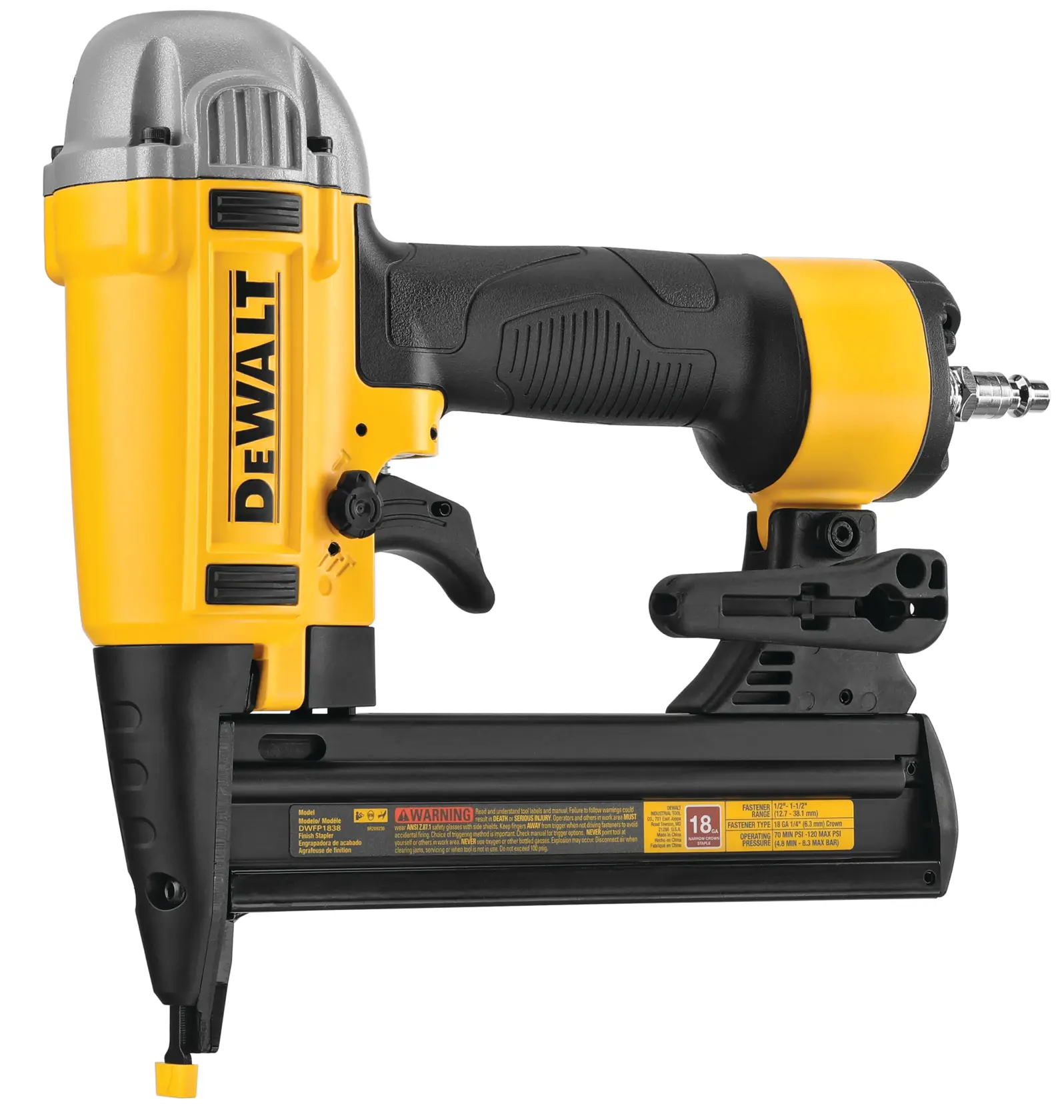 A DEWALT DWFP1838 pneumatic brad nailer with a yellow and black design, showing the side view of the tool with a rubberized grip and metal tip.
