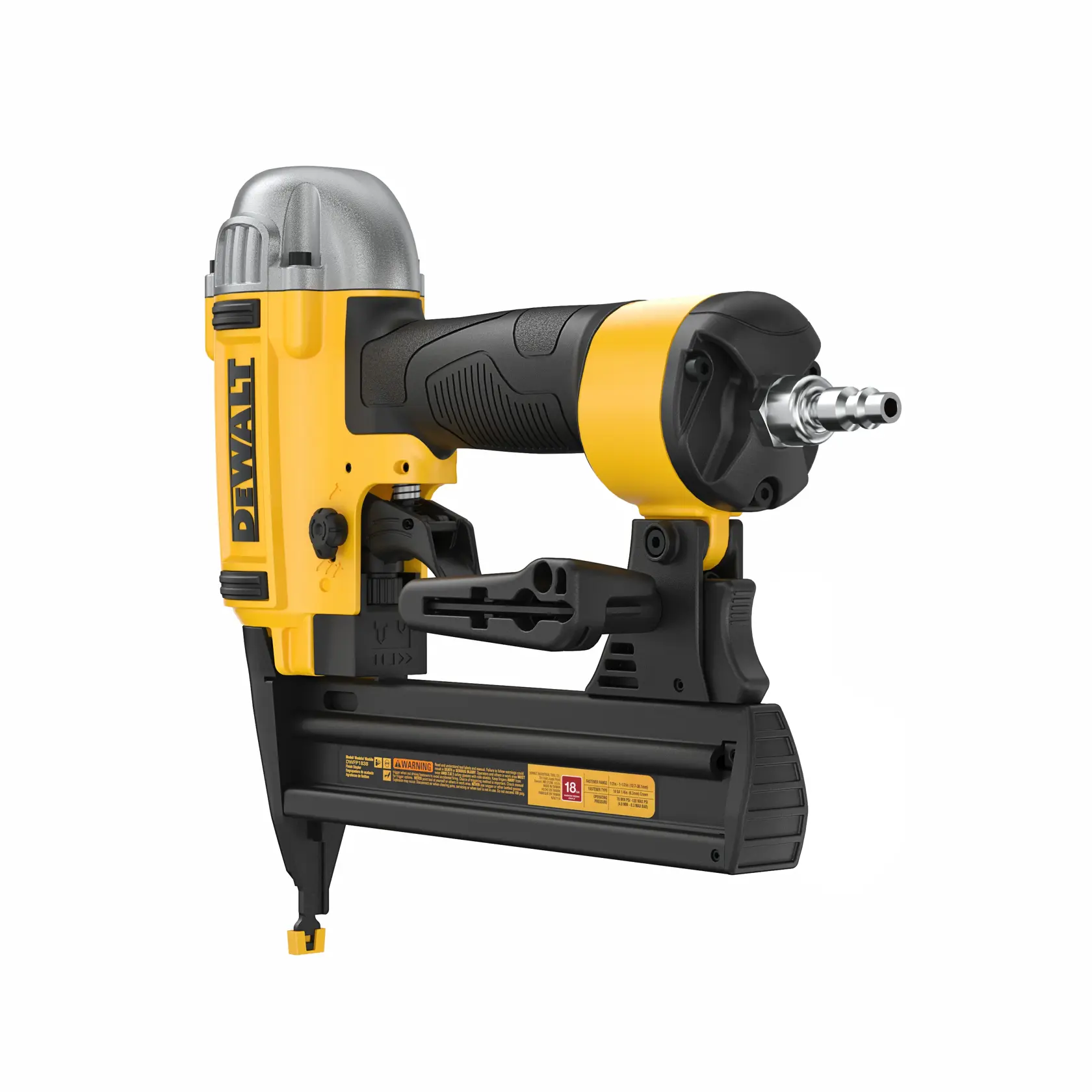 A DEWALT DWFP1838 pneumatic nailer, featuring a yellow and black design with a metal air connector, used for fastening nails in woodworking and construction.