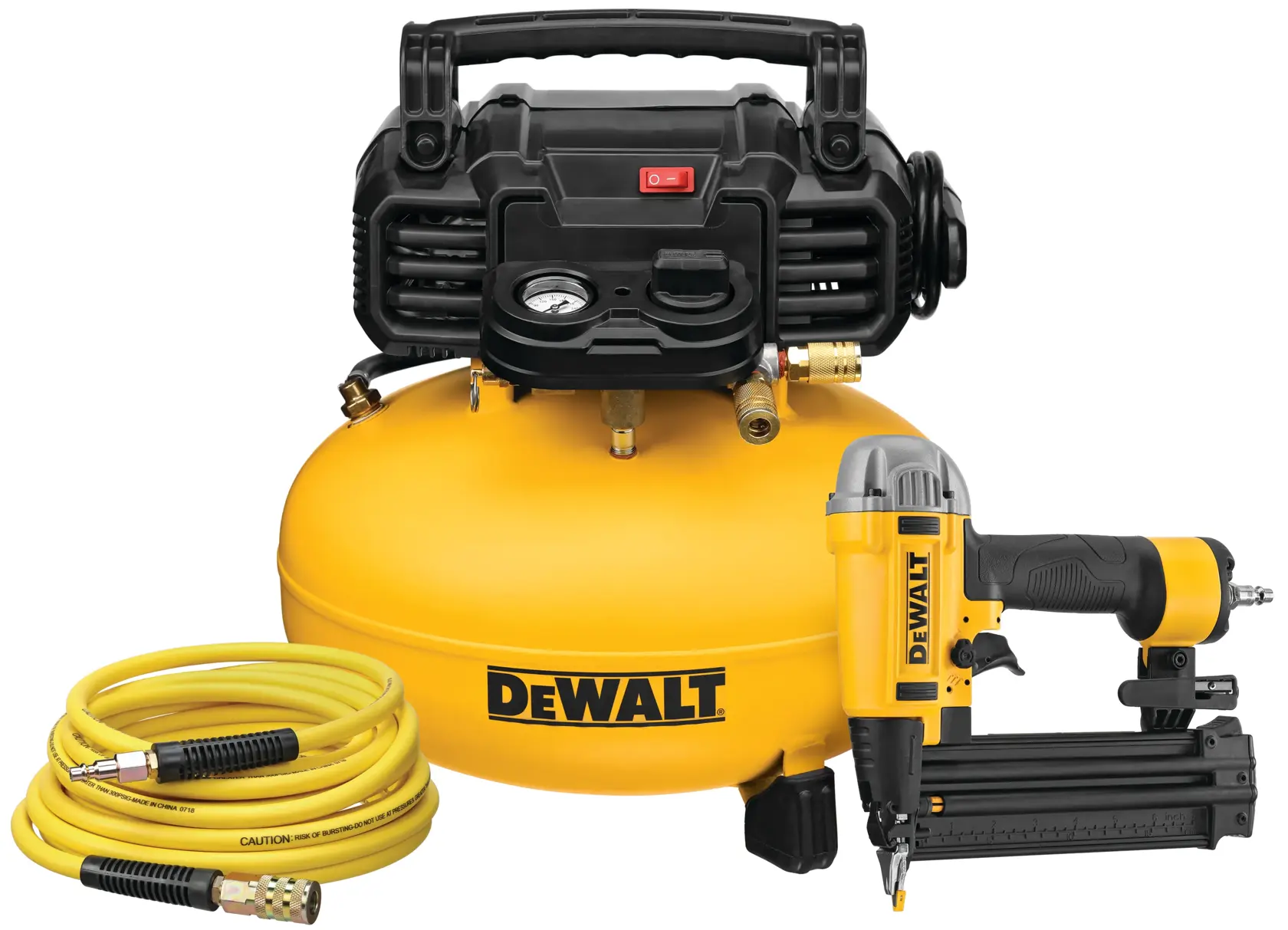 A DEWALT-branded compressor kit, featuring a yellow and black air compressor, a pneumatic nail gun, and a coiled yellow air hose.
