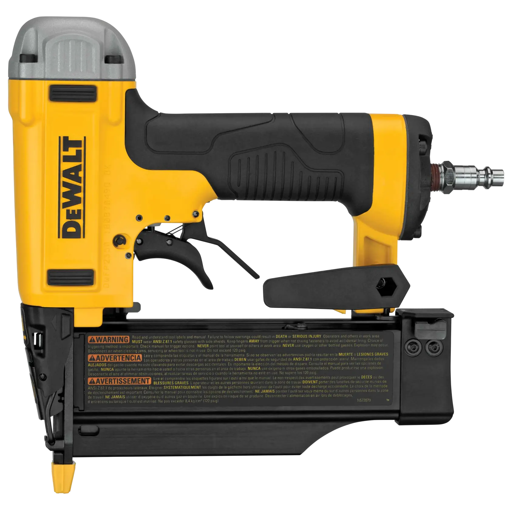 A DEWALT DWFP2350K pneumatic brad nailer with a yellow and black body, featuring a trigger and warning labels, designed for precise nailing in photography or construction projects.