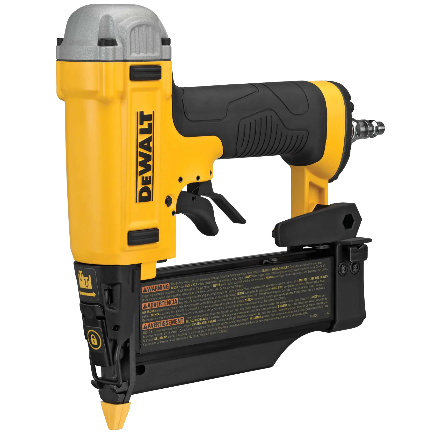 A close-up image of a DEWALT DWFP2350K pneumatic brad nailer, featuring a yellow and black design with the brand name visible on the side. The tool is used for fastening trim and molding and has warning labels on its magazine.