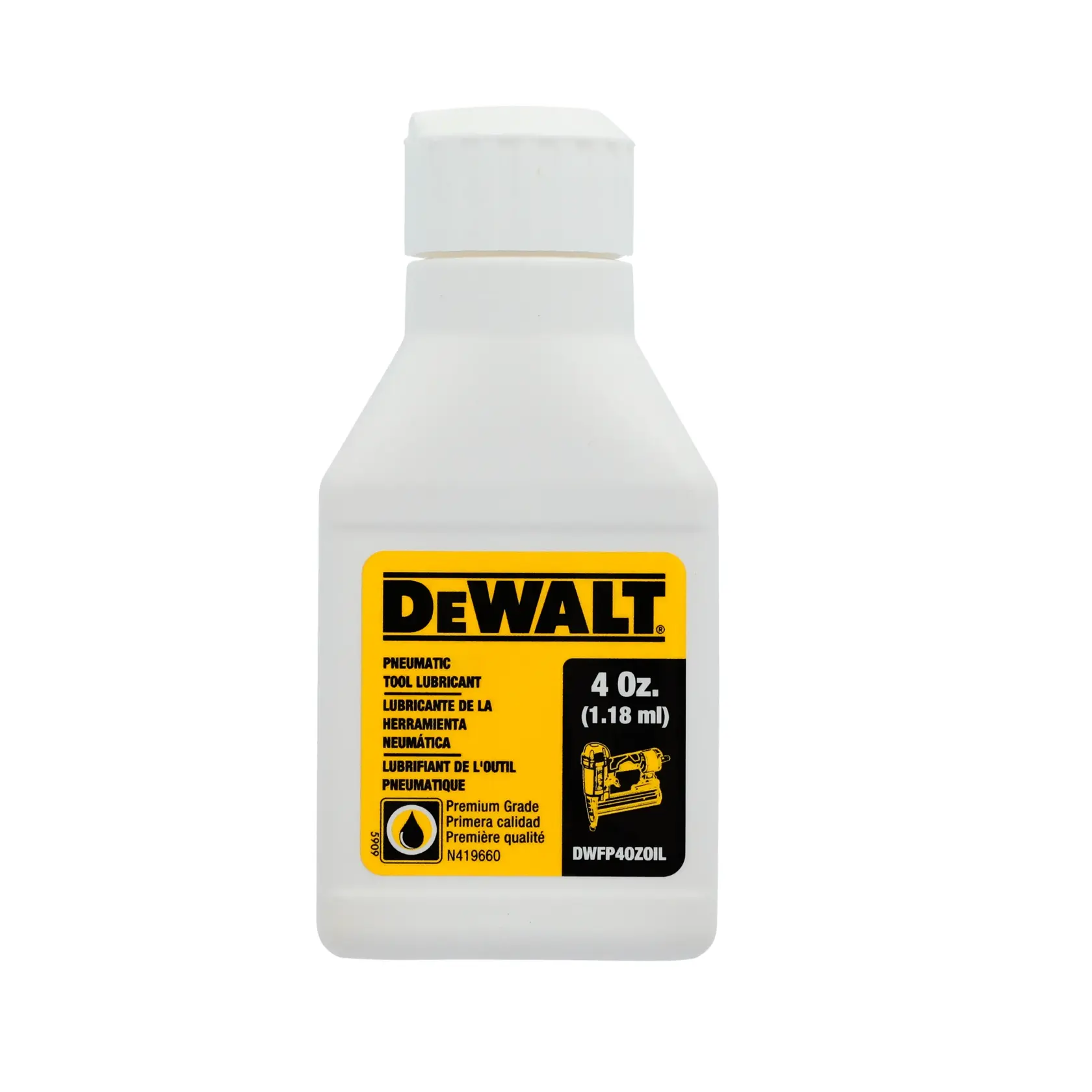 A bottle of DEWALT pneumatic tool lubricant, 4 oz (1.18 ml), with a yellow and black label showing product details.