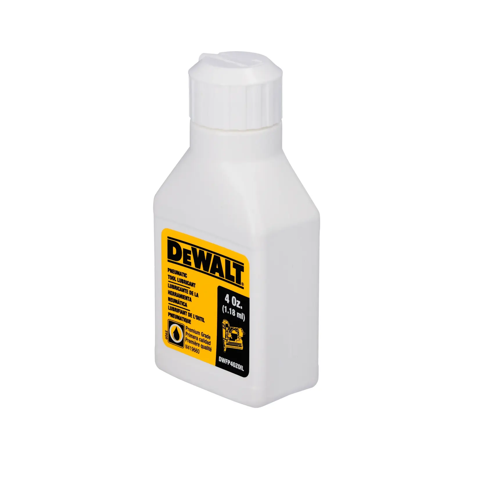 A white plastic bottle of DEWALT pneumatic tool lubricant with a yellow and black label, containing 4 ounces (118 ml) of premium grade oil.