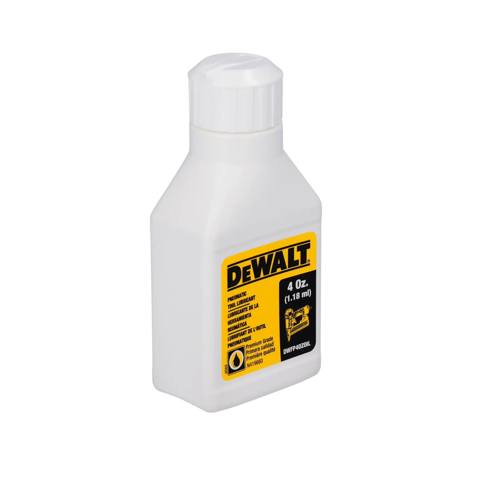 A white plastic bottle of DEWALT pneumatic tool lubricant, 4 ounce (1.18 ml) size, with a yellow and black label and a white screw cap.