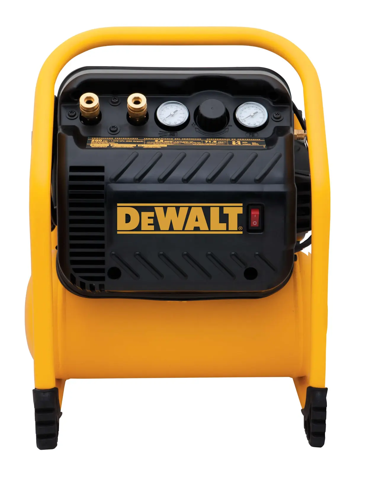 Front view of a yellow and black DEWALT air compressor with two pressure gauges, connectors, a handle, and a power switch.
