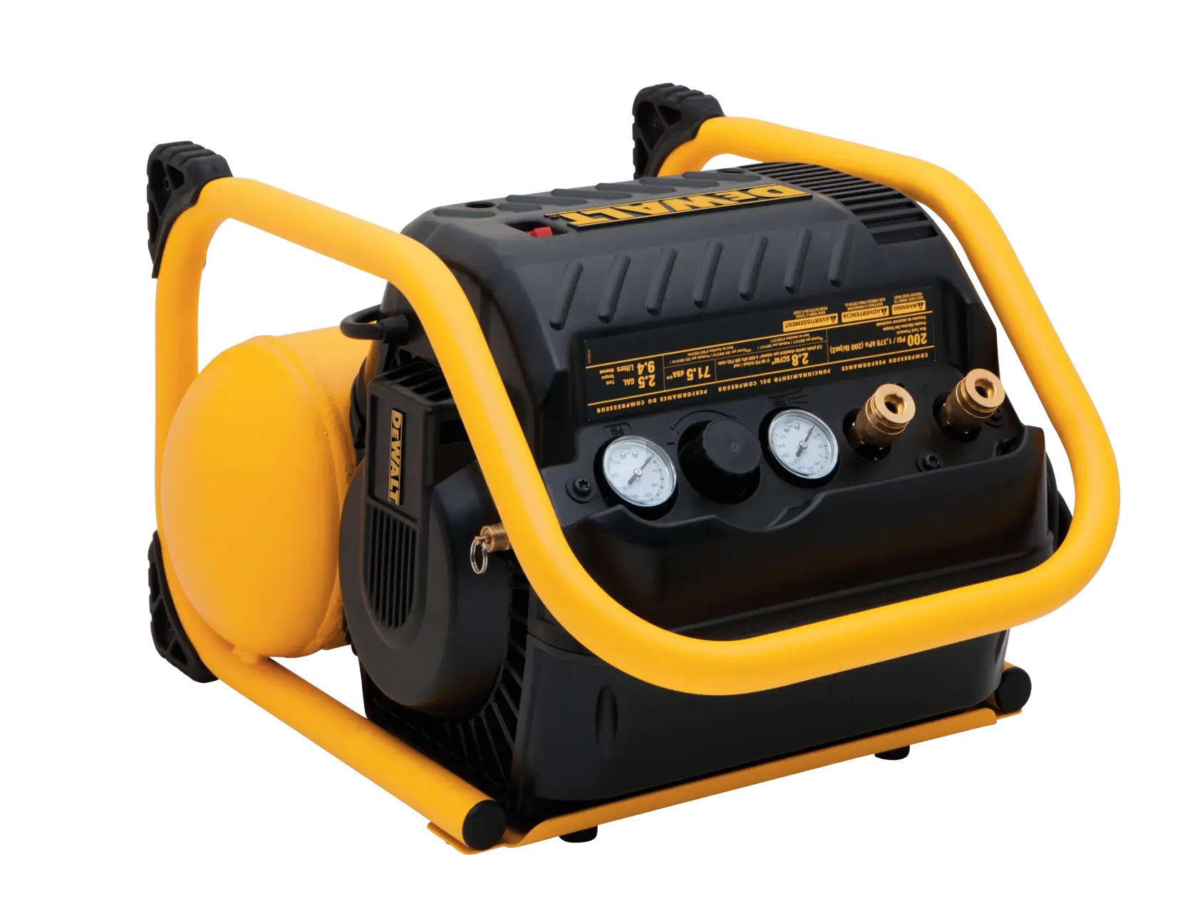 A portable DEWALT air compressor with a black and yellow design, featuring two pressure gauges, connectors, and a protective frame.