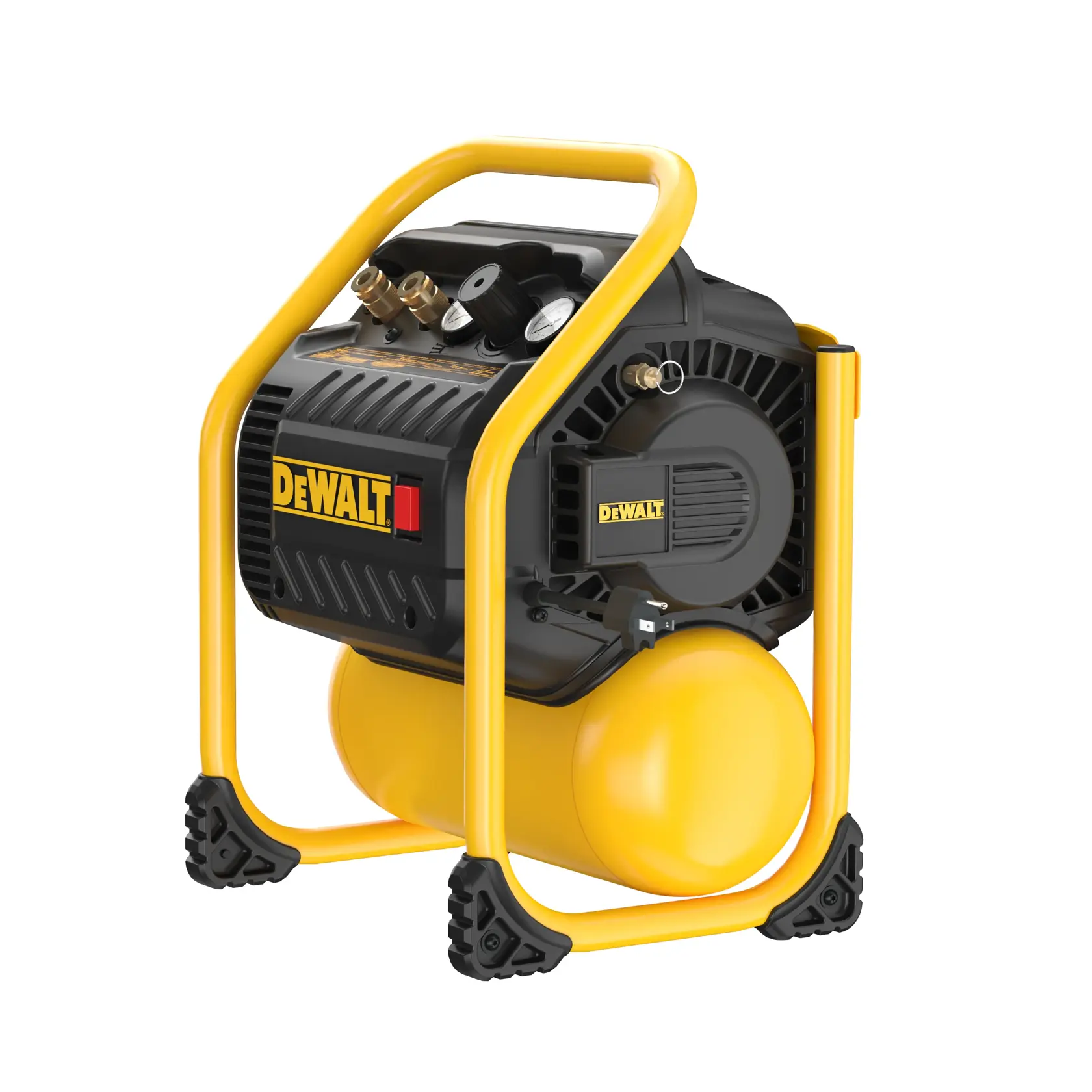 A DEWALT DWFP55130 portable air compressor with a black and yellow design, built with a sturdy frame and protective cage around the main motor and tank, shown on a white background.