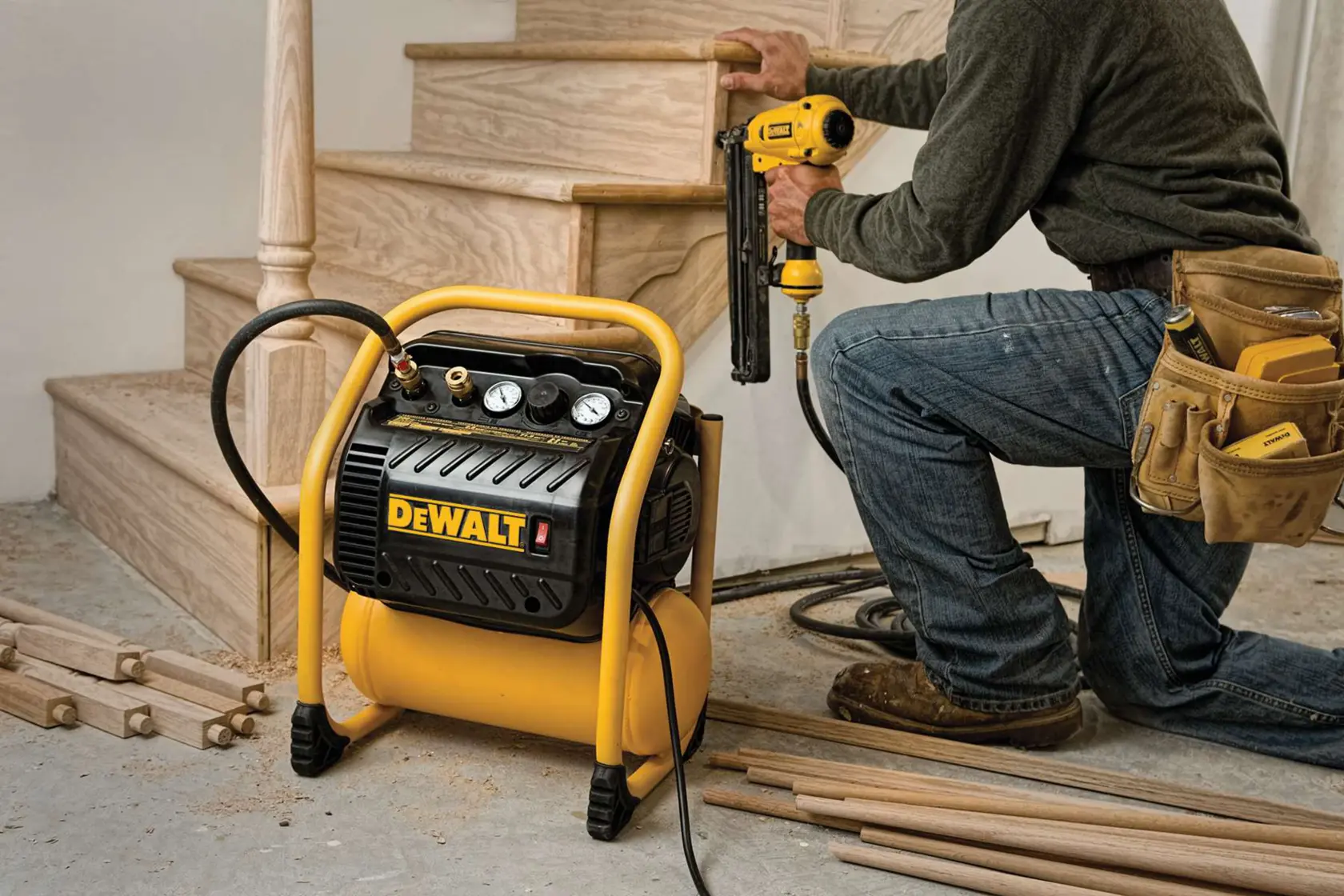 A DEWALT air compressor is shown in use on a construction site. A person is kneeling beside a wooden staircase, operating a nail gun connected to the compressor. Various wooden planks and tools are visible around the work area.