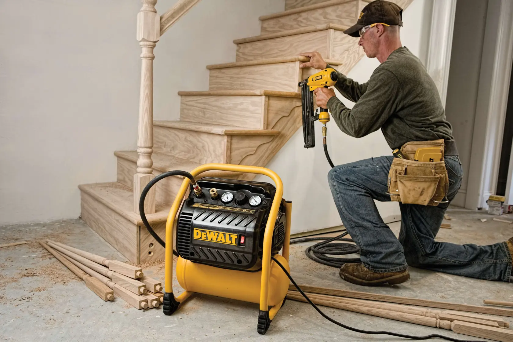 A DEWALT DWFP55130 air compressor is shown in use at a construction site. A person is kneeling and using a pneumatic tool to install wood trim near a staircase. Several wooden pieces and the compressor hose are visible on the floor.