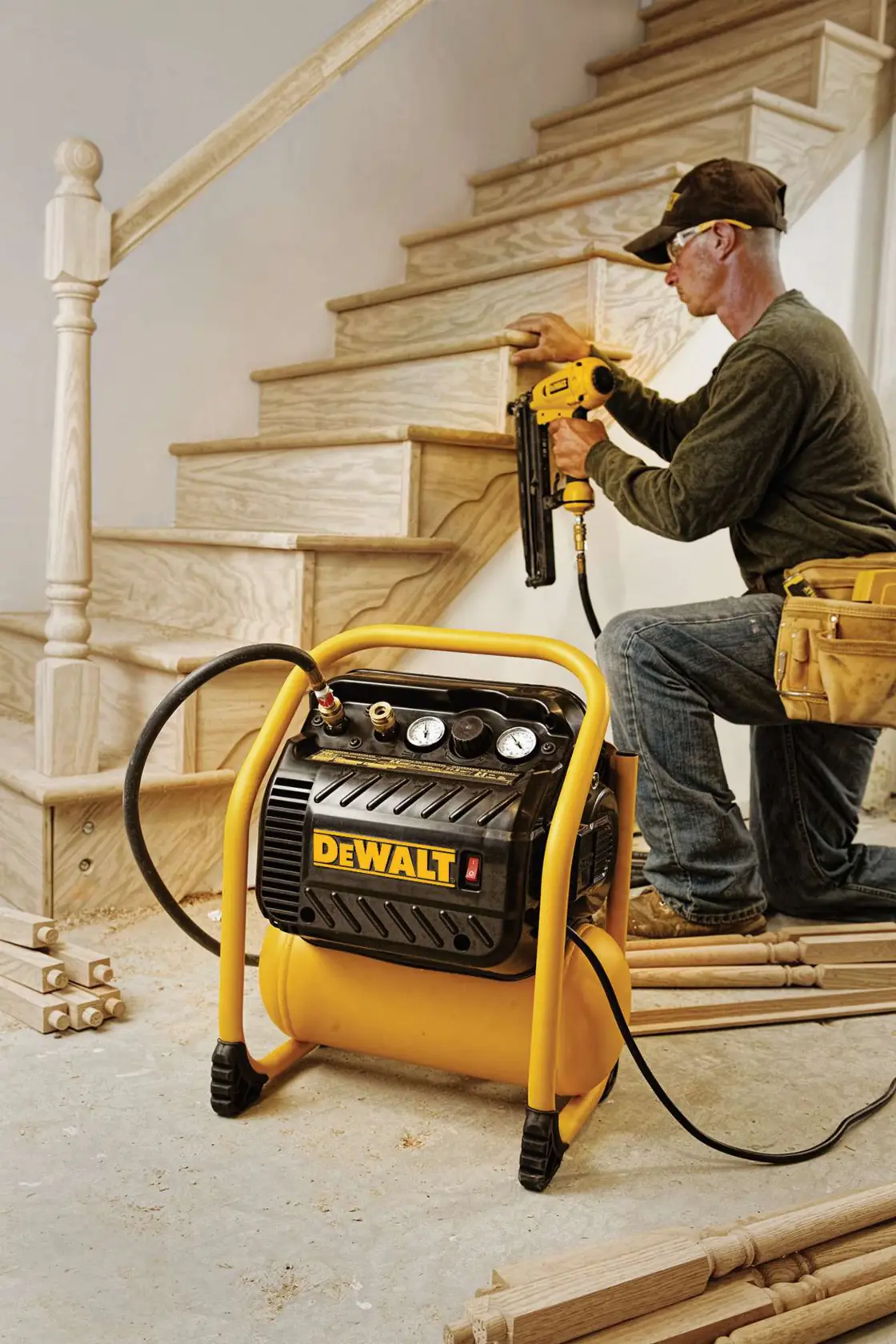 A portable DEWALT air compressor is shown in the foreground of a woodworking scene, where a person is using a nail gun to work on a staircase.