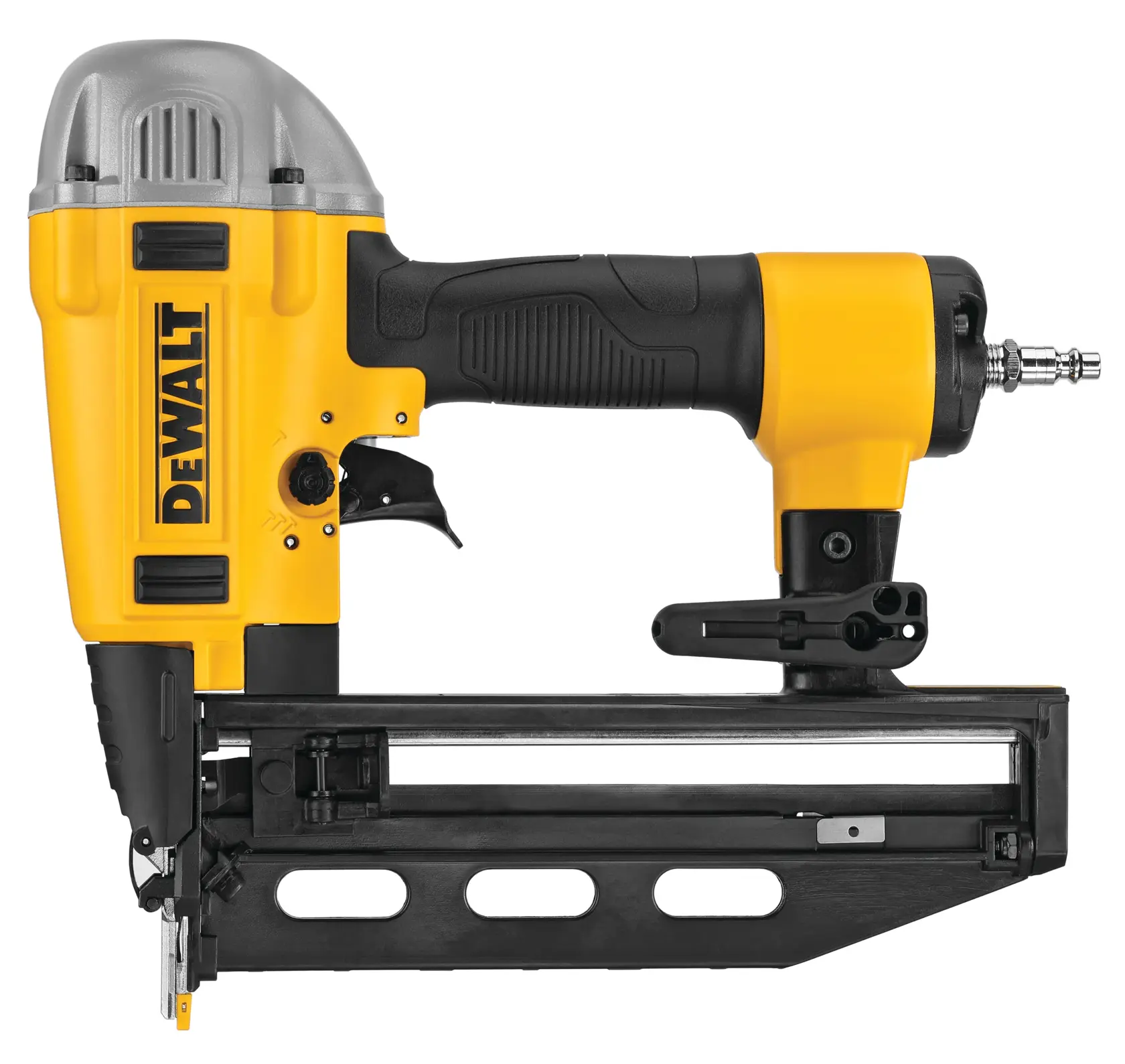 A DEWALT pneumatic nail gun with a yellow and black body, featuring an ergonomic handle, trigger, and metal magazine for nails.