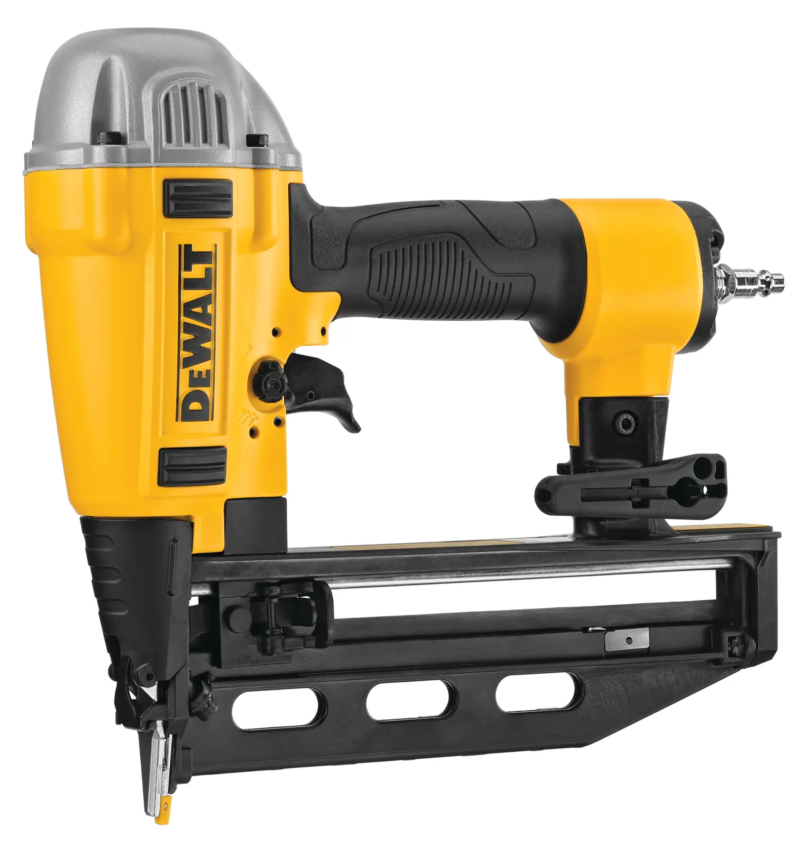 A yellow and black DEWALT pneumatic nail gun, shown from the side with ergonomic handle and visible loading mechanism.
