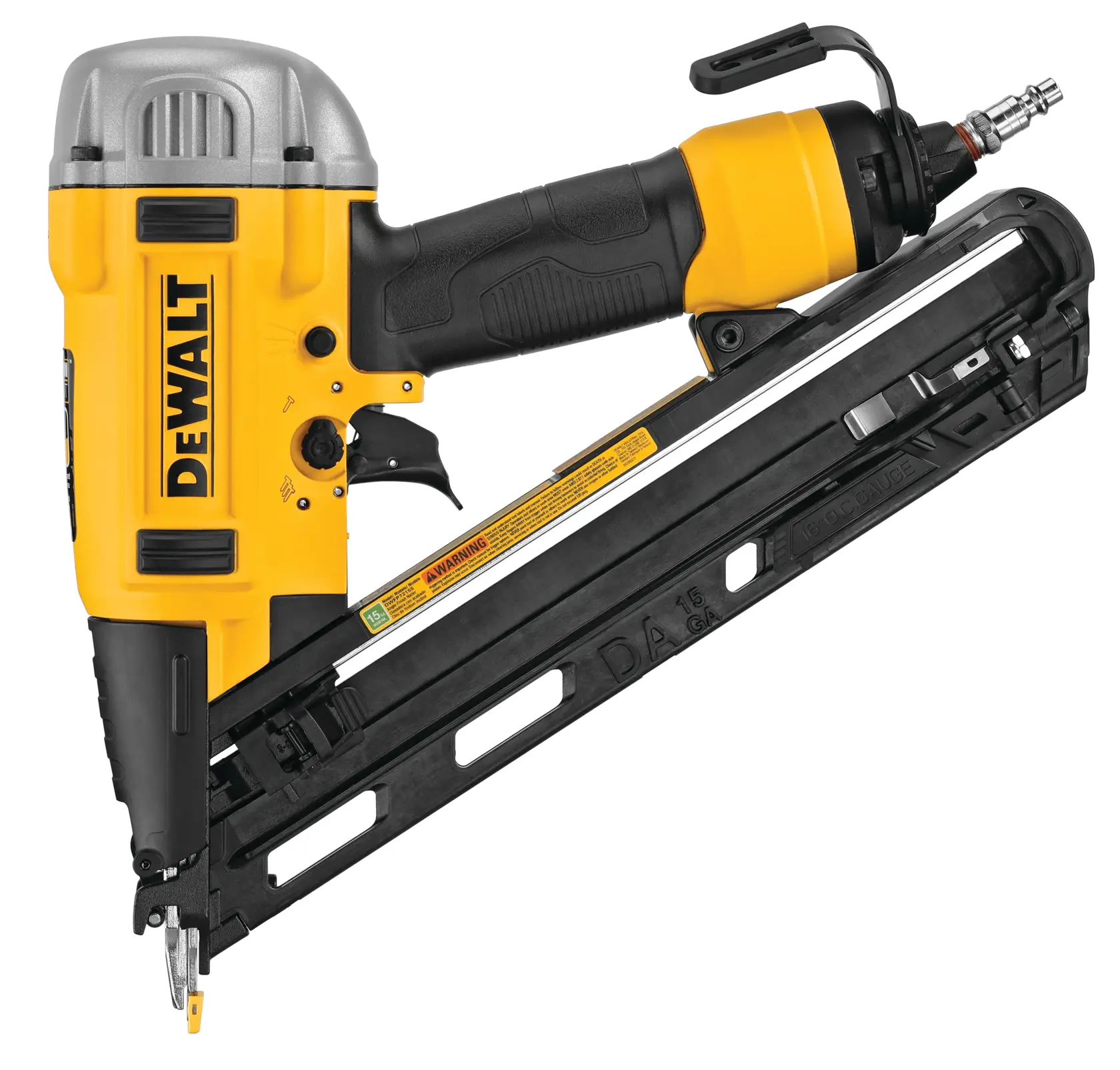 A Dewalt branded pneumatic nail gun with a yellow and black body, silver metallic top, and a trigger handle, designed for construction and carpentry tasks.