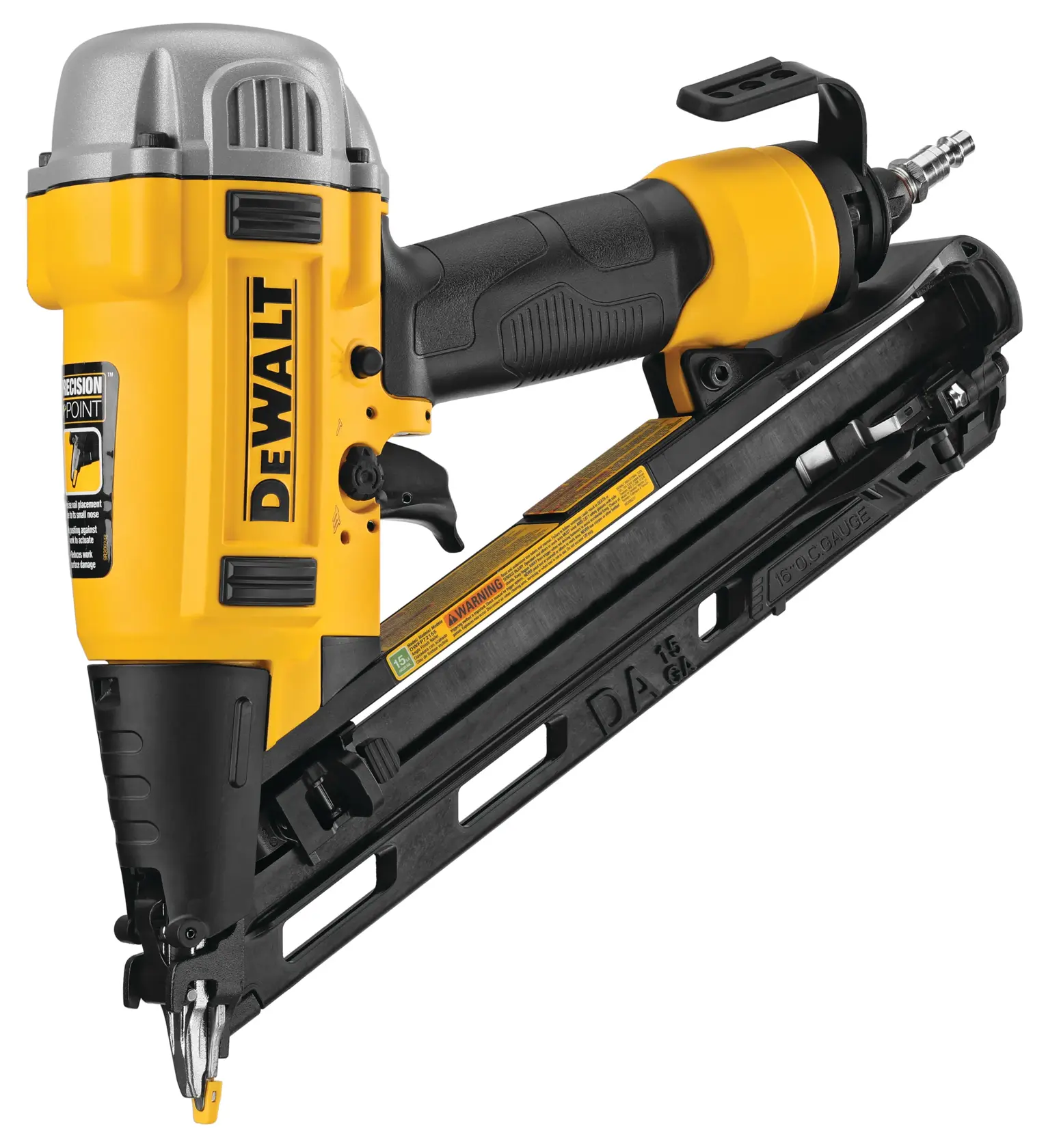 A DEWALT pneumatic nail gun with a yellow and black body, angled magazine, ergonomic handle, and air hose connector. Suitable for construction and woodworking projects.