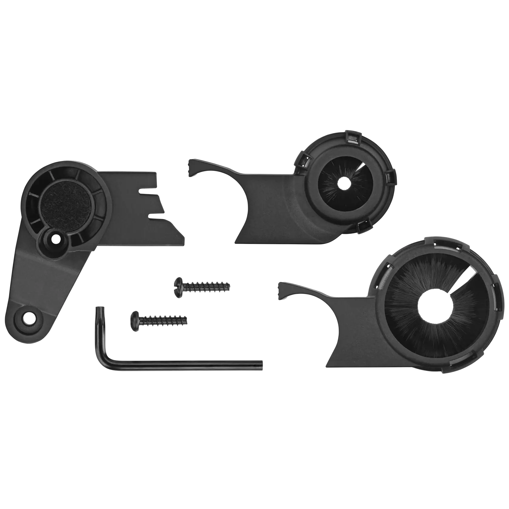 A set of DEWALT black plastic parts, including three mounting brackets with circular brush openings, two screws, and a hex key tool, arranged on a white background.