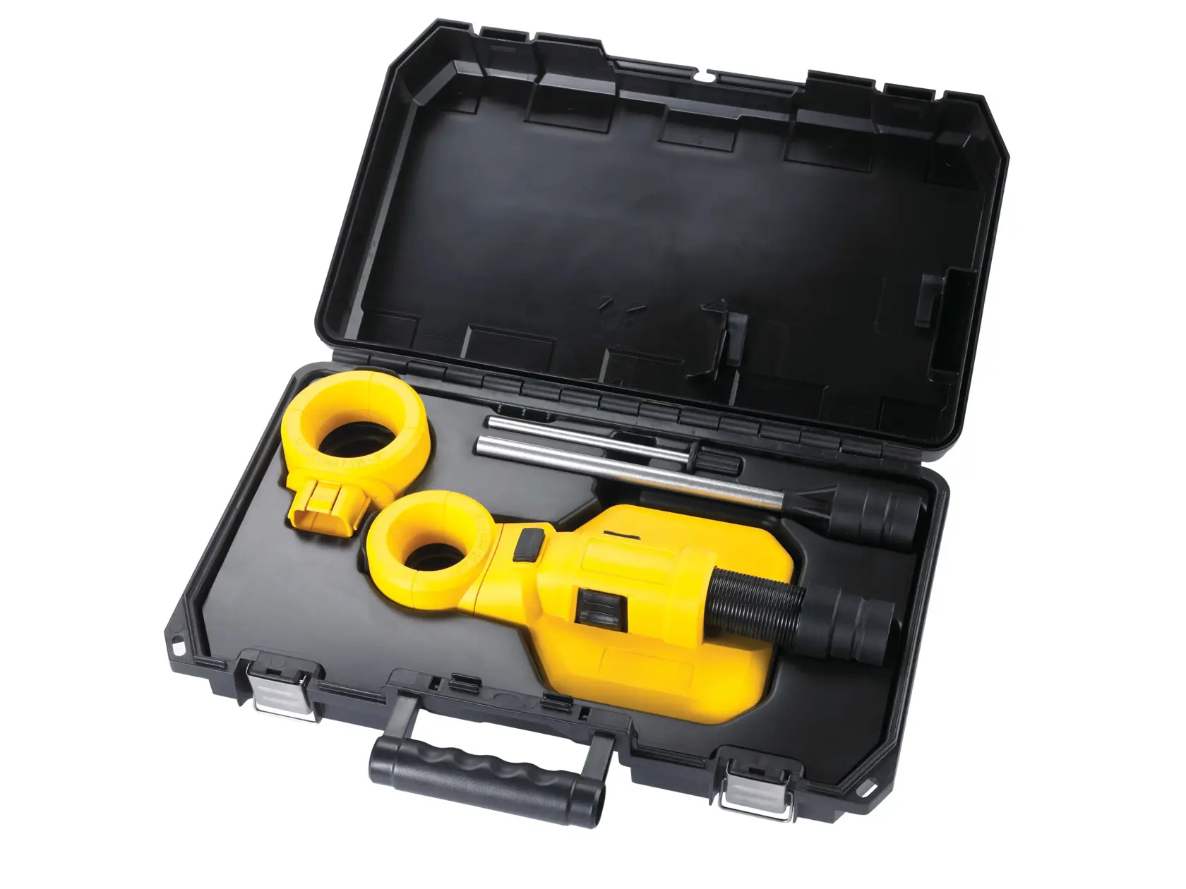 A yellow DEWALT tool with attachments and metal rods in a black hard plastic carrying case with handle and latches.